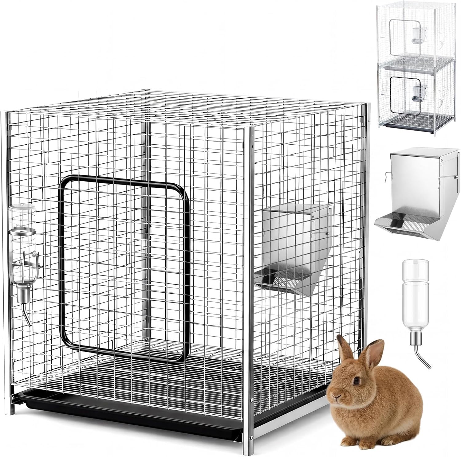1 Set 25 x 25 x 25 Inch Stackable Rabbit Breeding Cage Complete Kit with Feeder and Water Bottle, Foldable Metal Small Hutch with Tray and Stand for Guinea Pig Ferret Bunny, Easy to Clean