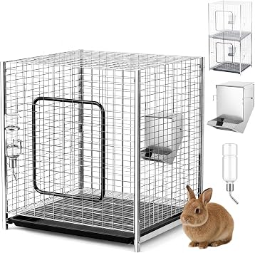 1 Set 25 x 25 x 25 Inch Stackable Rabbit Breeding Cage Complete Kit with Feeder and Water Bottle Foldable Metal Small Hutch with Tray and Stand for Guinea Pig Ferret Bunny Easy to Clean