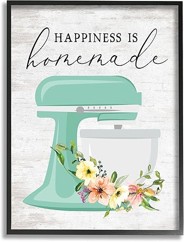 Stupell Industries Happiness is Homemade Phrase - Batidora de pie de cocina floral, diseñada con arte de pared enmarcado negro con letras y forrado,