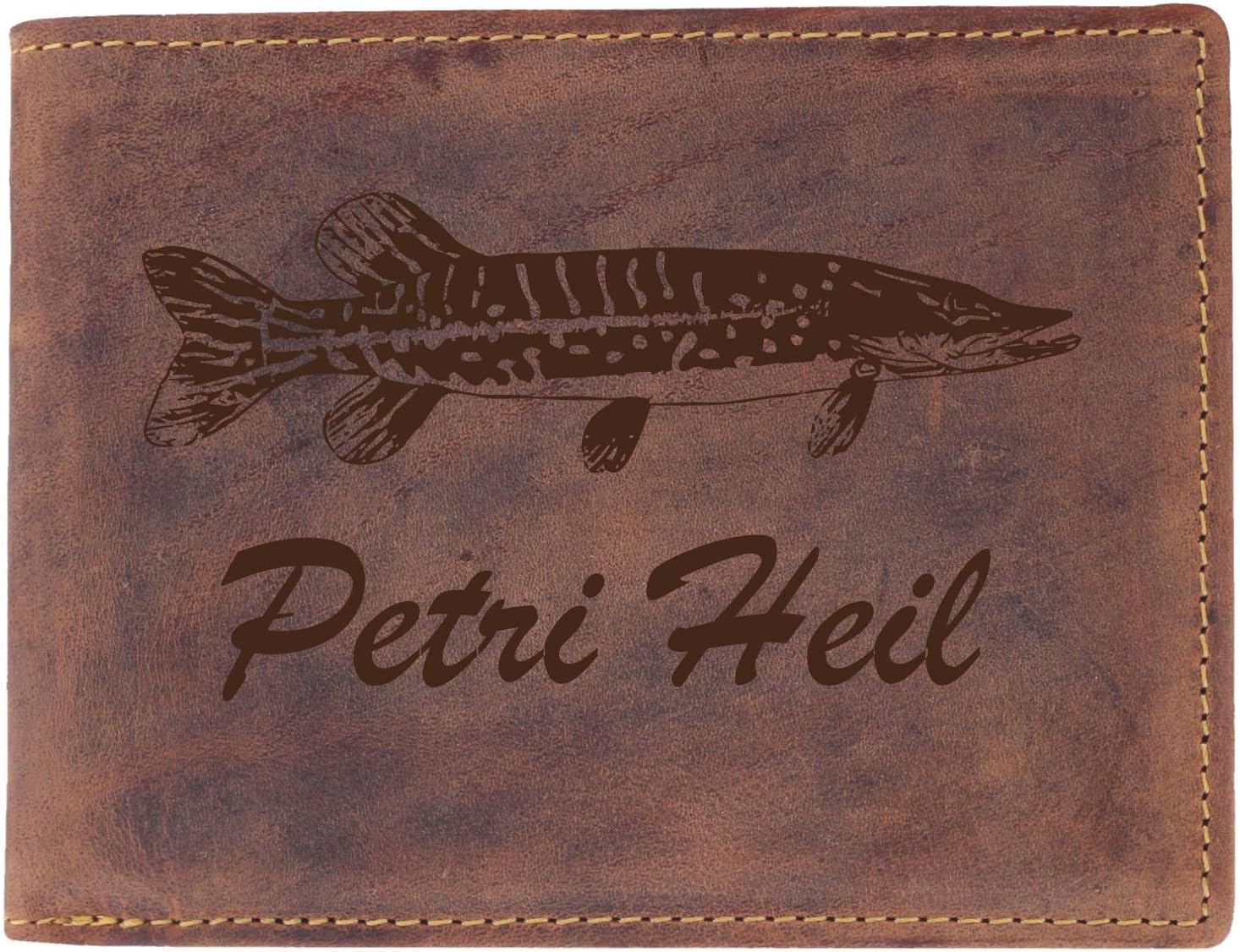 GreenburryWallet with Petri Heil Motif, Leather Wallet for Fishermen, Wallet for Fishing Lovers, Gift for Fishermen, 12.5 x 8.5 x 2.5 cm