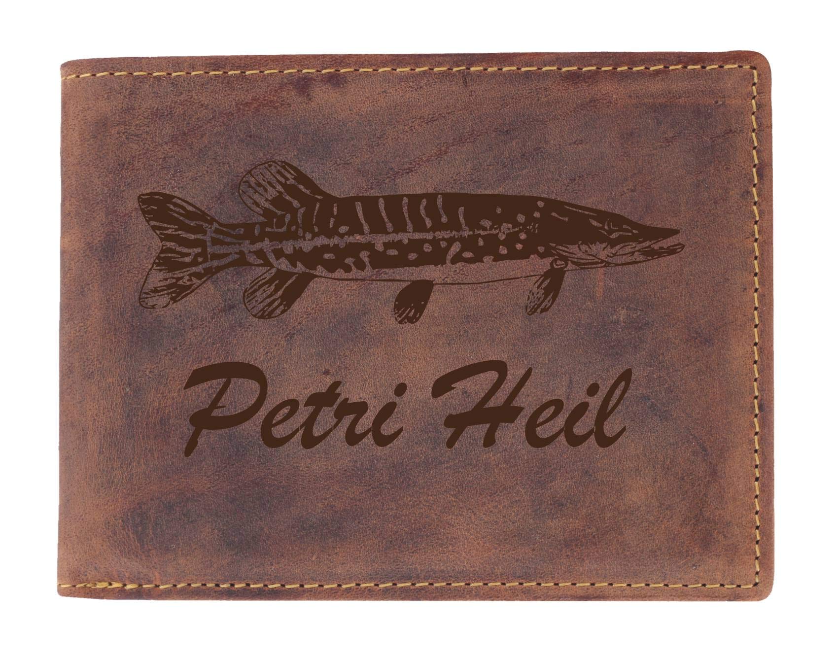 GreenburryWallet with Petri Heil Motif, Leather Wallet for Fishermen, Wallet for Fishing Lovers, Gift for Fishermen, 12.5 x 8.5 x 2.5 cm