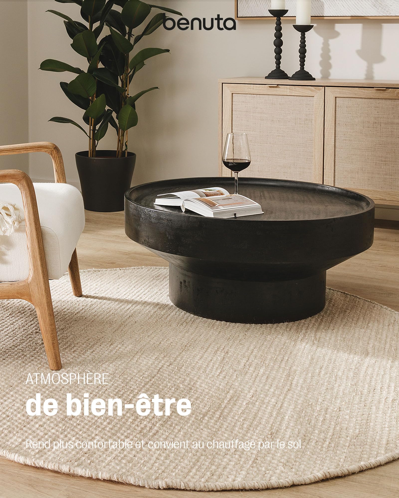 Benuta Pure Tapis en laine Rocco - Crème 100 cm rond - Tissé à la main - Style : laine, uni, bohème, hygge, cozy - Facile d'entretien
