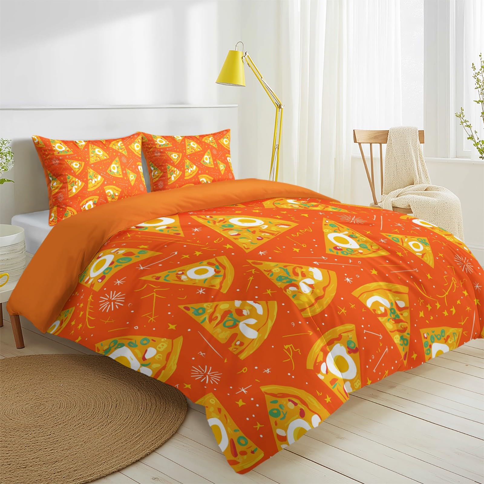 Biancheria da letto moderna e allegra, 200 x 200 cm, Energy Fun Fast Food Pizza, in microfibra, con chiusura lampo, include 1 copripiumino e 2 federe, per bambini