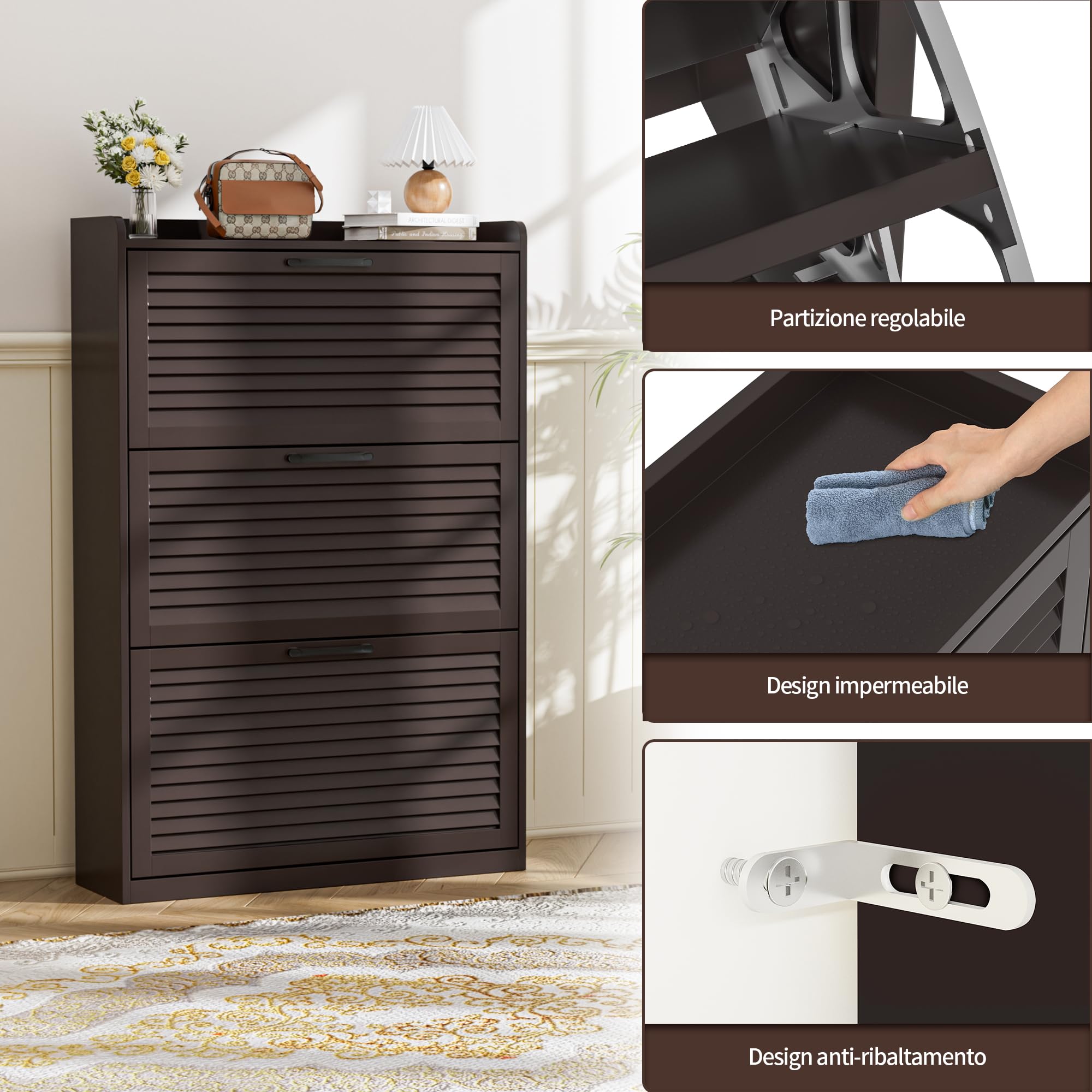 BonVache Scarpiera stretta, con porta lamellare, scarpiera con 3 alette, scarpiera con 6 ripiani regolabili, in legno per corridoio, 80 x 24 x 120 cm, marrone caffè