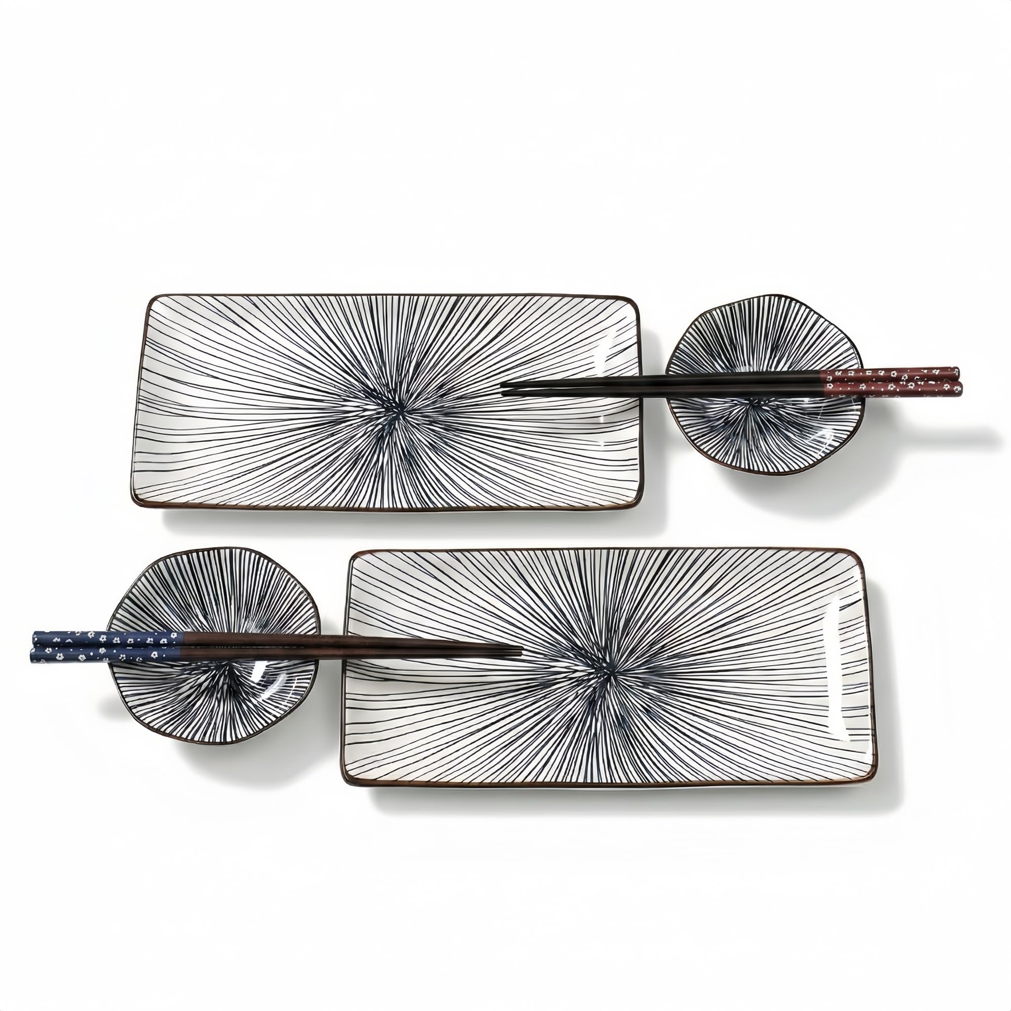 Japanese Style Sushi Plate Set for 2, 6-Piece Porcelain Serving Set with 10" Rectangular Plates, Sauce Bowls & Ironwood Chopsticks, Blue & White, Dishwasher and Microwave Safe