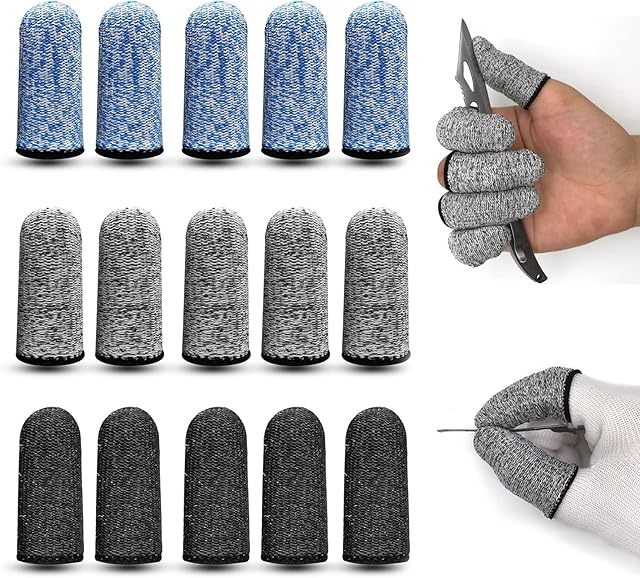 15pcs Anti-Cutting Finger Covers, Reusable Finger Protection Covers, Breathable Thumb Shields, Suitable for Cooking, Carving and Working (Gray, Black, Blue)