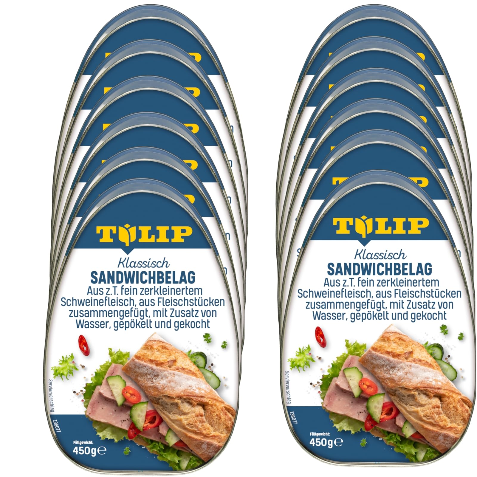 TULIP 12x 450 g Sandwichbelag aus Schweinefleisch | Frühstücksfleisch saftiges Fleisch | Brotbelag ideal für Sandwichkreationen | Frühstücksfleisch in der Konserve