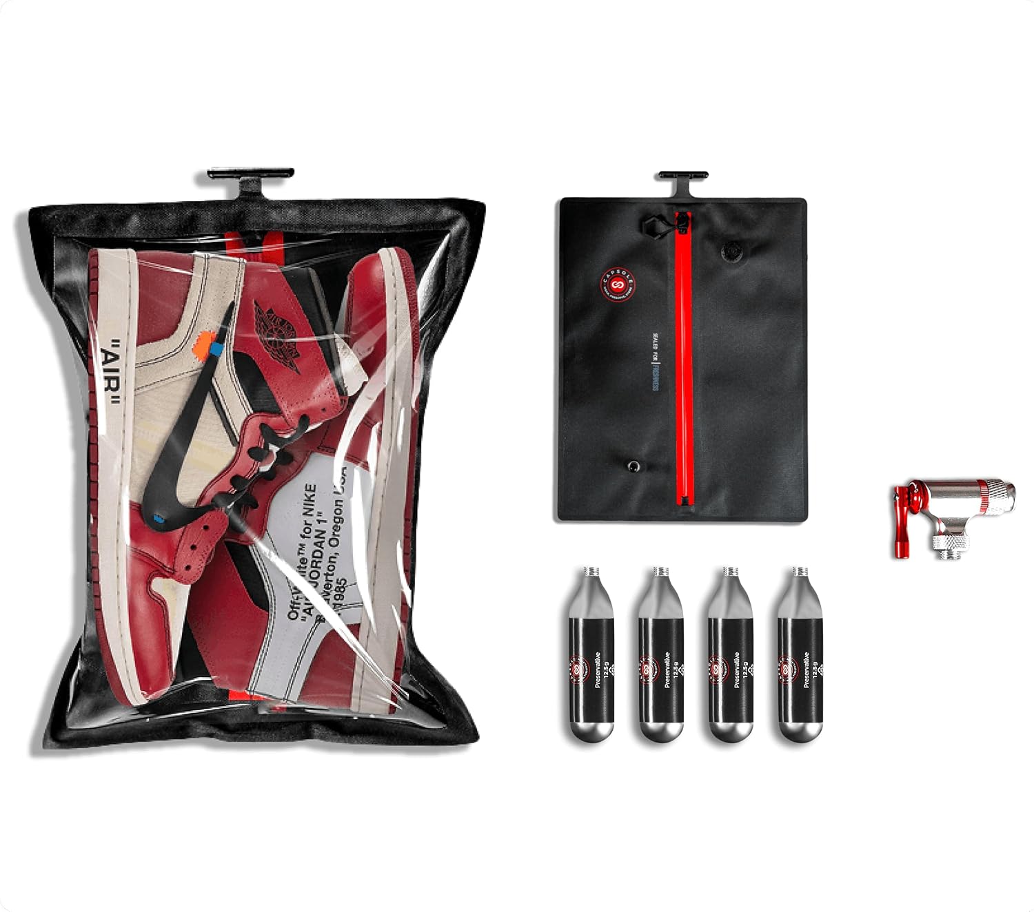 Capsole Collector Kit Shoe Bag Sneakers Travel Air Tight Protector 4 Pods 4 Cartridges 1 Inflator Large Mens Size 10-15