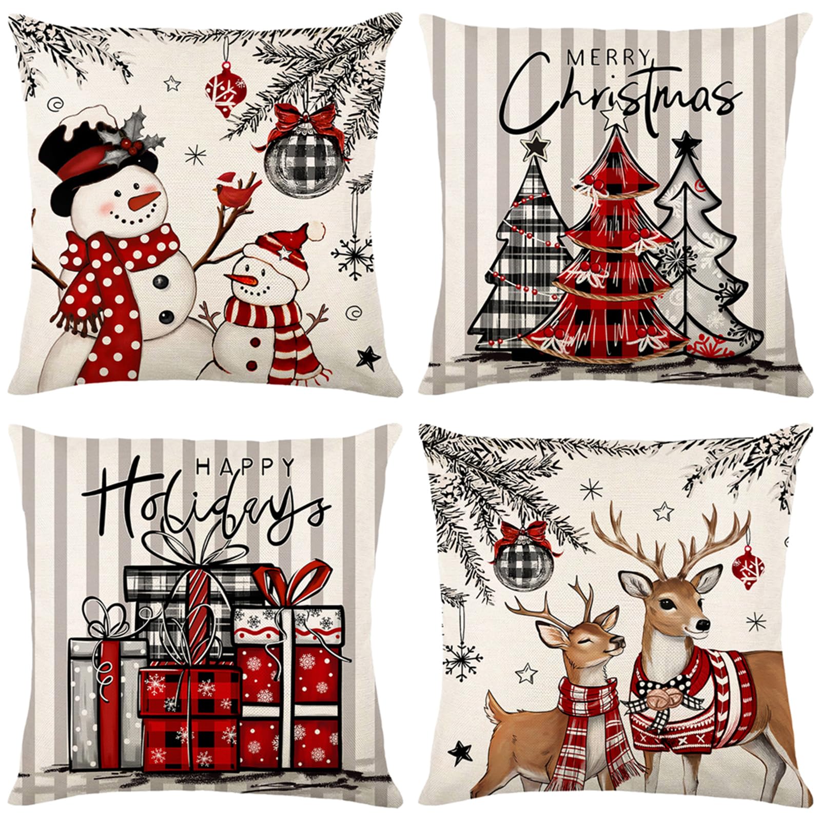 Happy Holiday Merry Christmas Plaid Pillow Covers 18x18 Set of 4, Grey Striped Red Buffalo Plaid Snowman Tree Deer Decorative Winter Throw Pillow Case for Couch Sofa Living Room