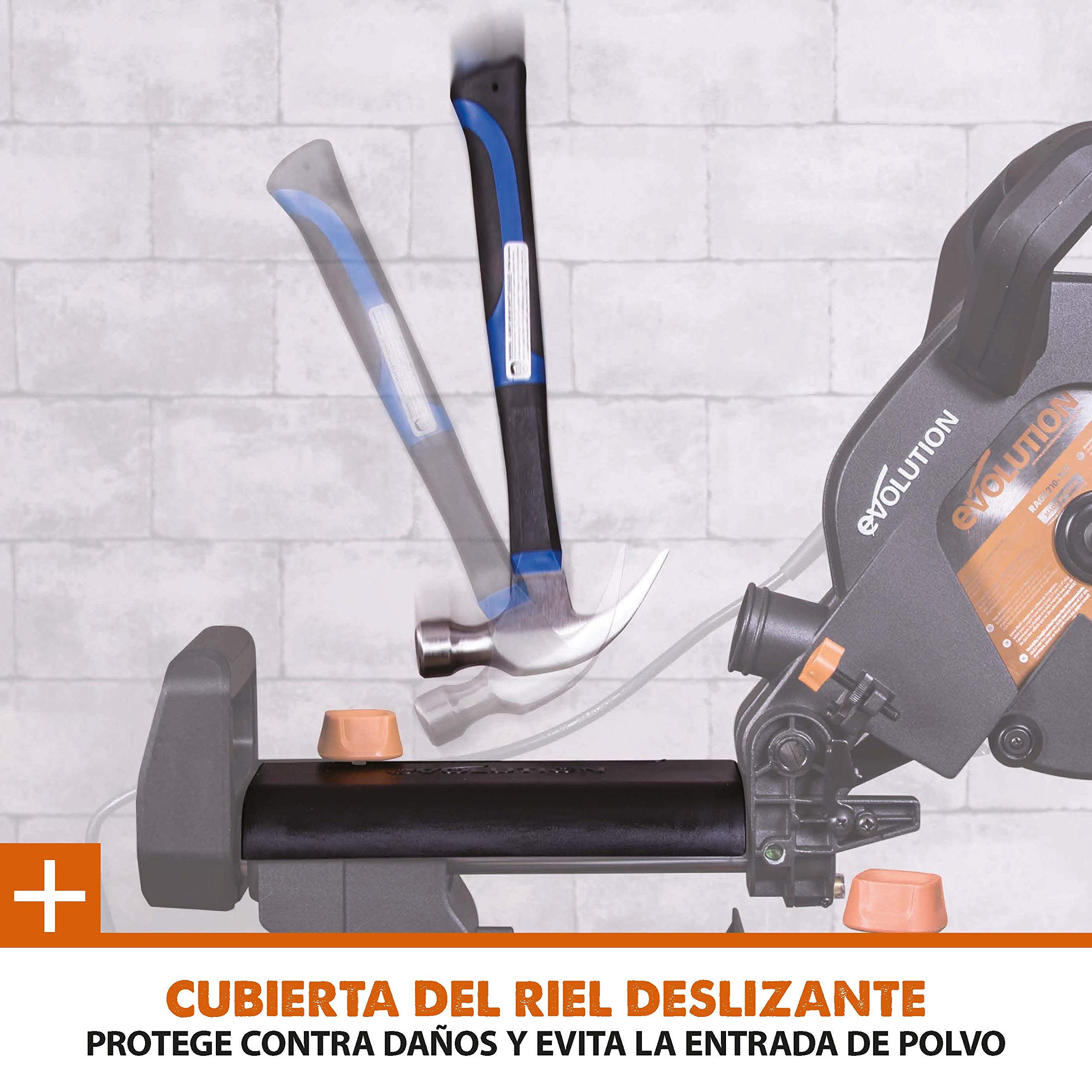 Evolution Power Tools R255SMS Sierra ingletadora Deslizante multimaterial, con Paquete Plus, Corta acero dulce, aluminio, plástico, madera con clavos incrustados 230 V, 255 mm