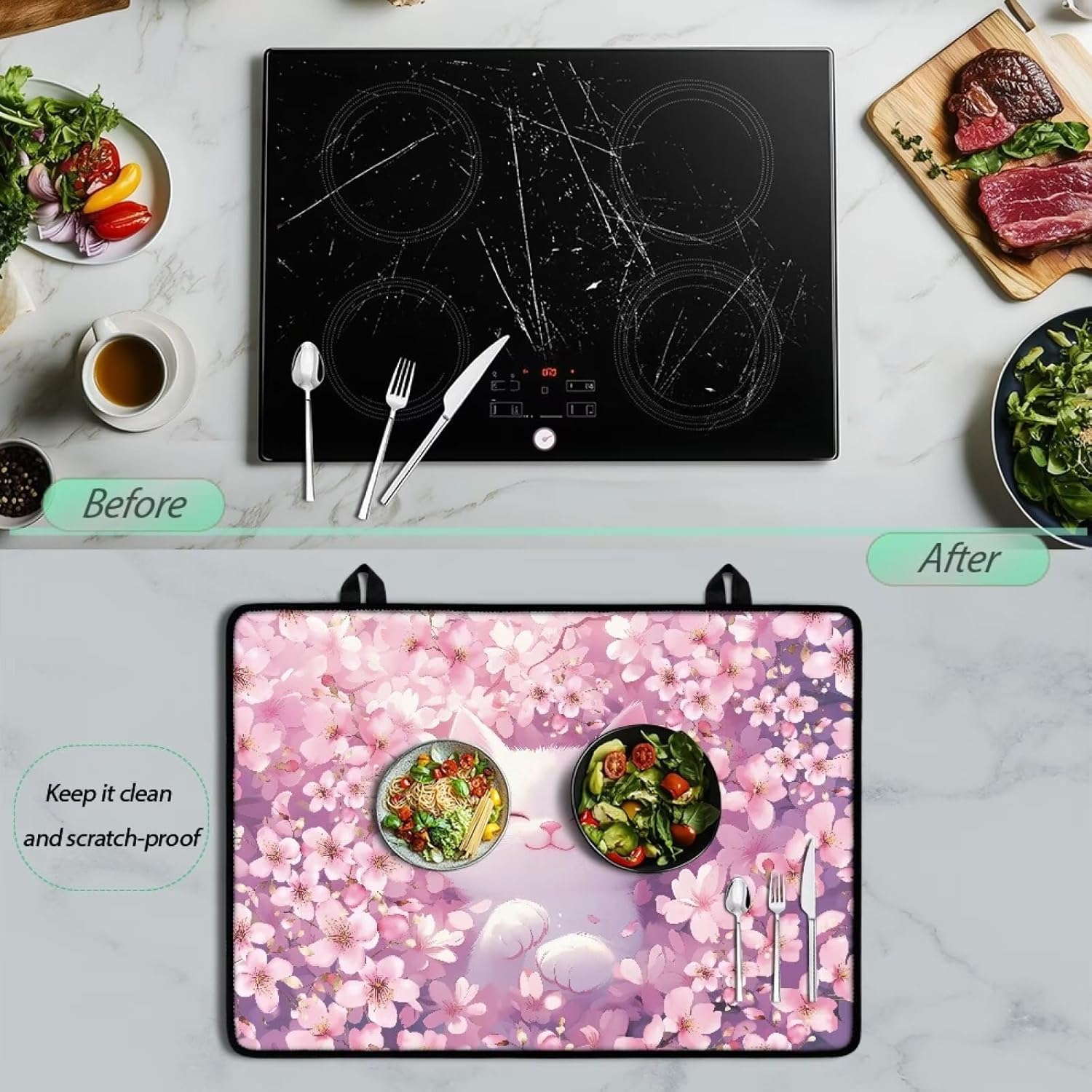 Spring Stove Cover for Electric Stove,Cat Cherry Blossom Stove Top Dust Cover for Glass Top, Heat Resistant Rubber Cooktop Mat with 2 Hanging Holes, 29.18 x 20.98 Inch