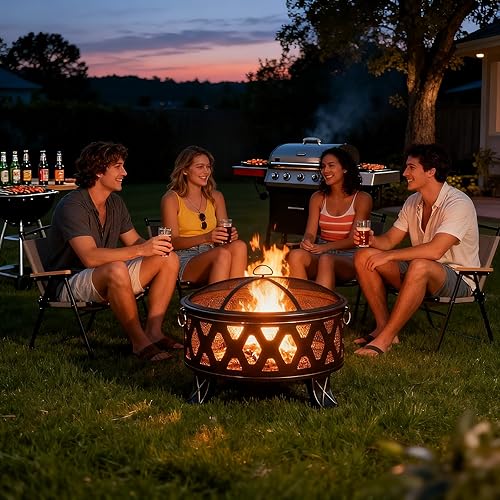 Miniatura 2 de Breezz Fogata de leña de 26 pulgadas con parrilla de cocina y pantalla de chispas, hoguera redonda de metal para exteriores, patio, fiesta de