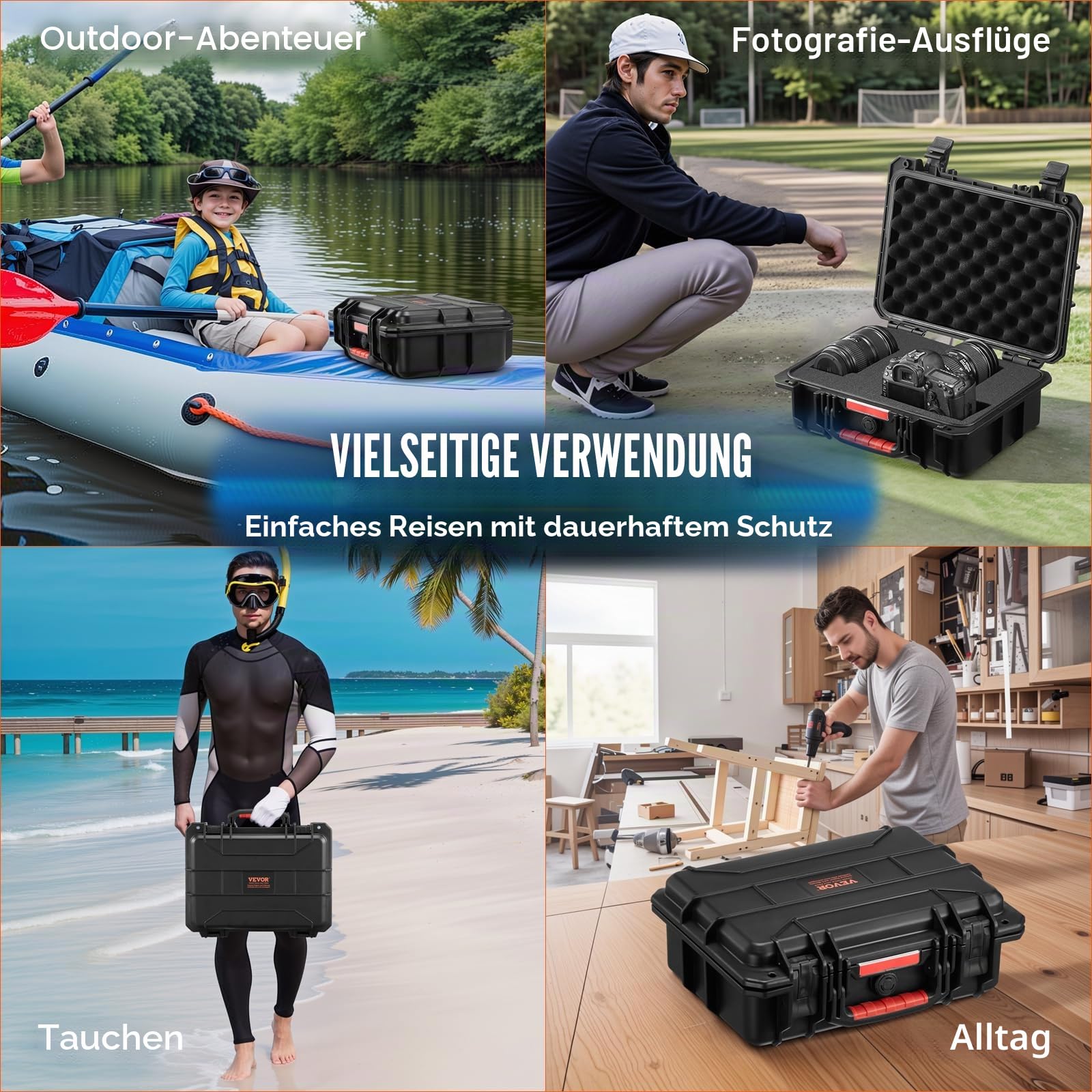 VEVOR wetterfester Hartschalenkoffer Trockenboxen mit vorgeschnittenem Schaumstoff und einziehbaren Griffen für Reisen, IP67 wasserdichtes Gehäuse für Kameras Schwarz (38 x 30 x 14 cm)