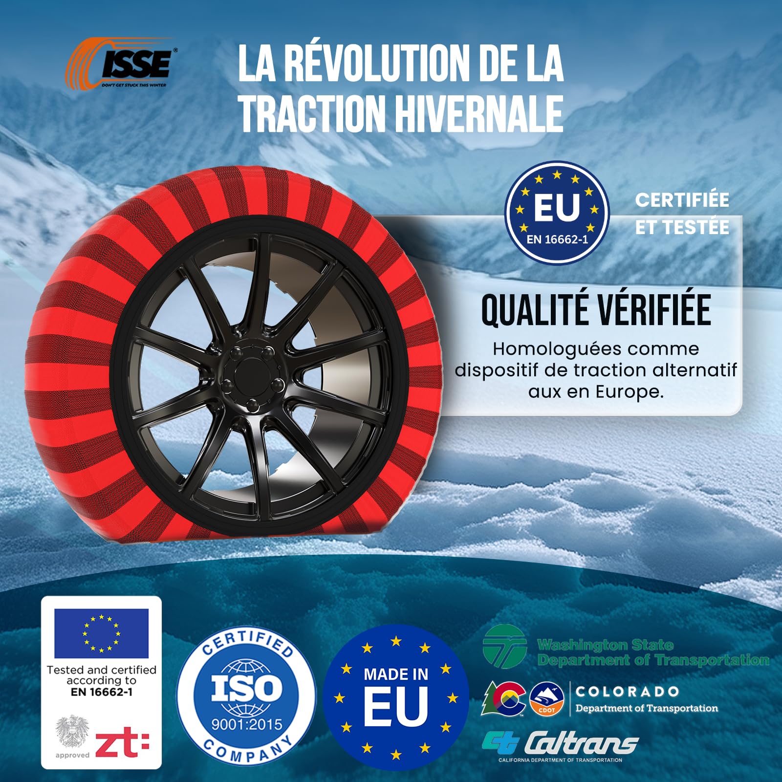 ISSE Chaussettes Neige T-70 | Textiles Homologuées et Haute Sécurité – Kit de 2 Chausettes pour Voitures + Gants, Rouge/Noire