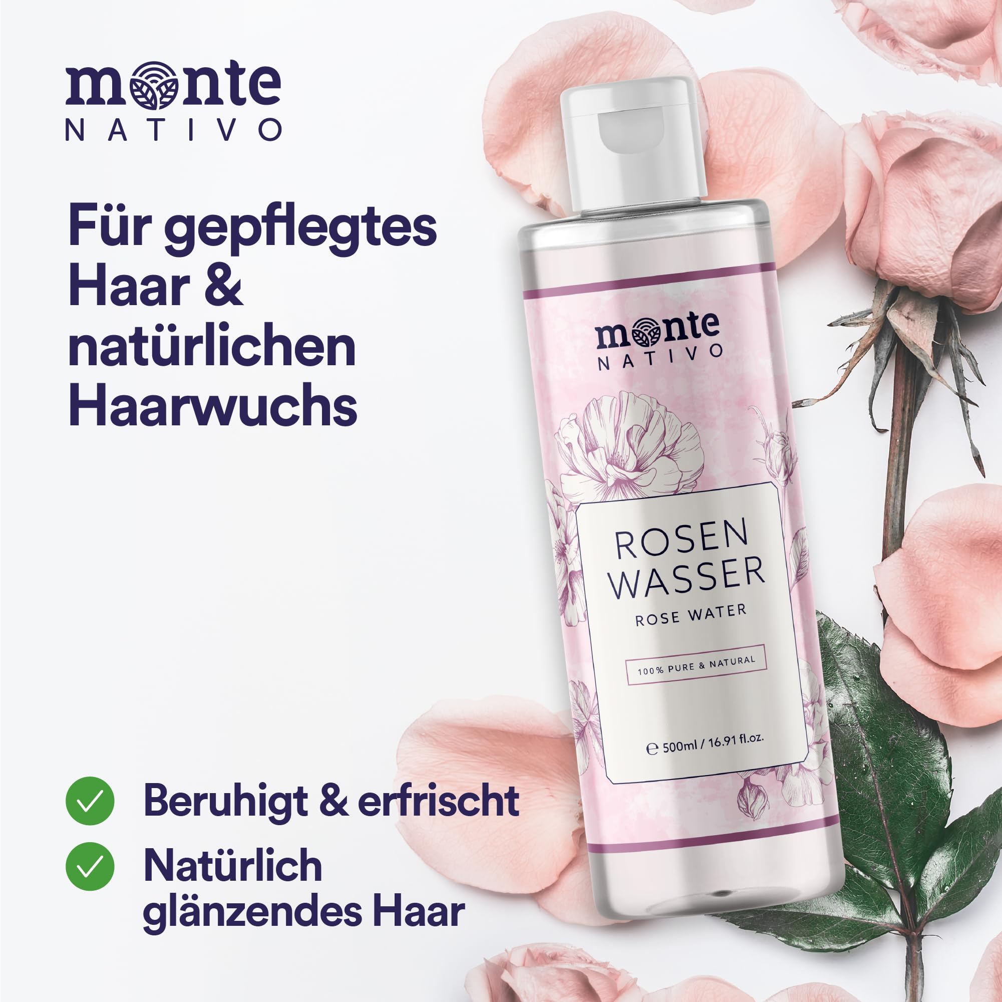 100% Woda różana Monte Nativo 500ml – 100% naturalna i czysta, toner do twarzy, naturalny różany hydrolat, potrójnie oczyszczony, kwiatowa woda różana