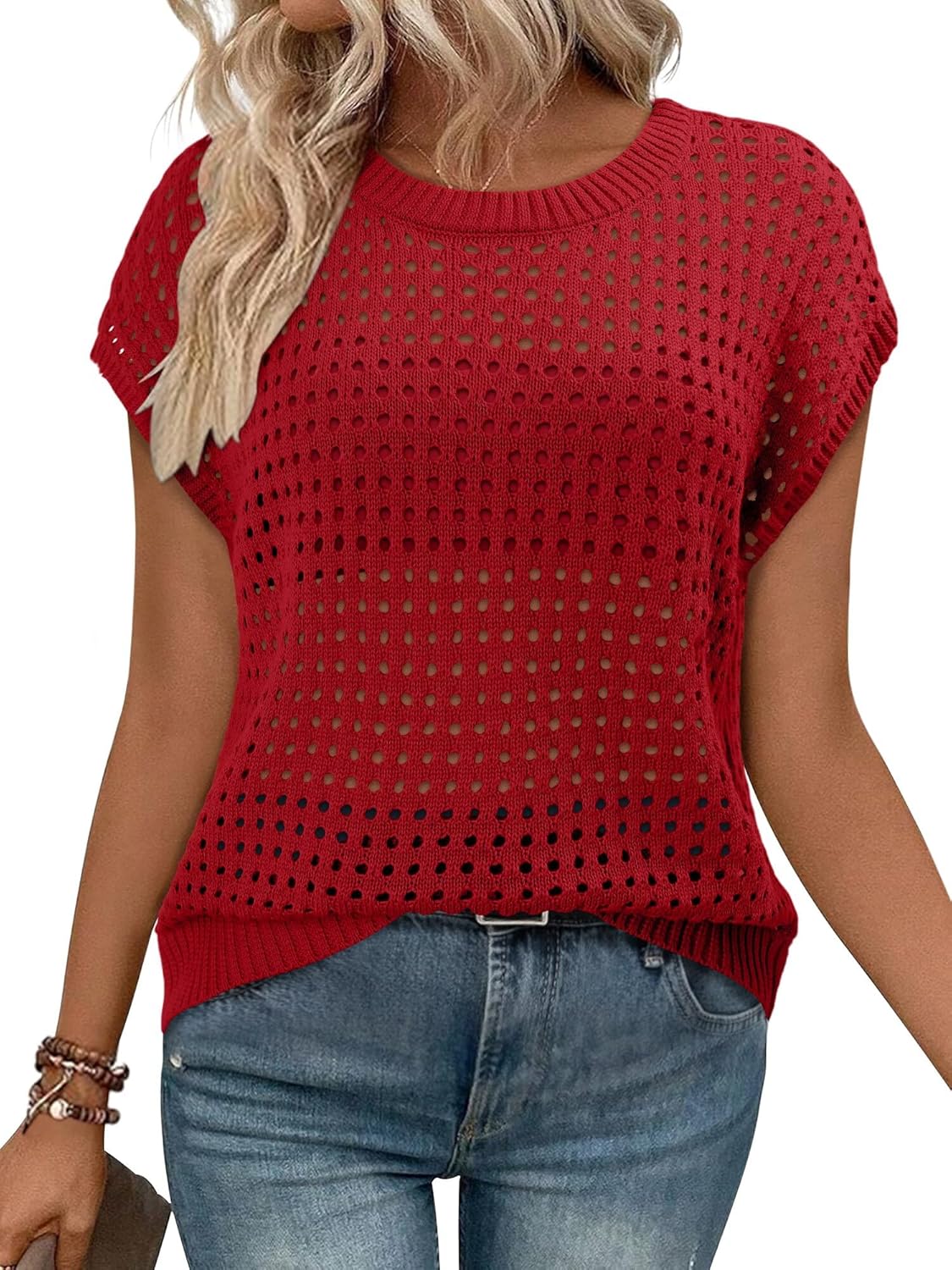 Magritta Summer Sweaters for Women Lightweight Cap Sleeve Tops Dressy Loose Fit Shirts Crew Neck Crochet Outfits - Image 2