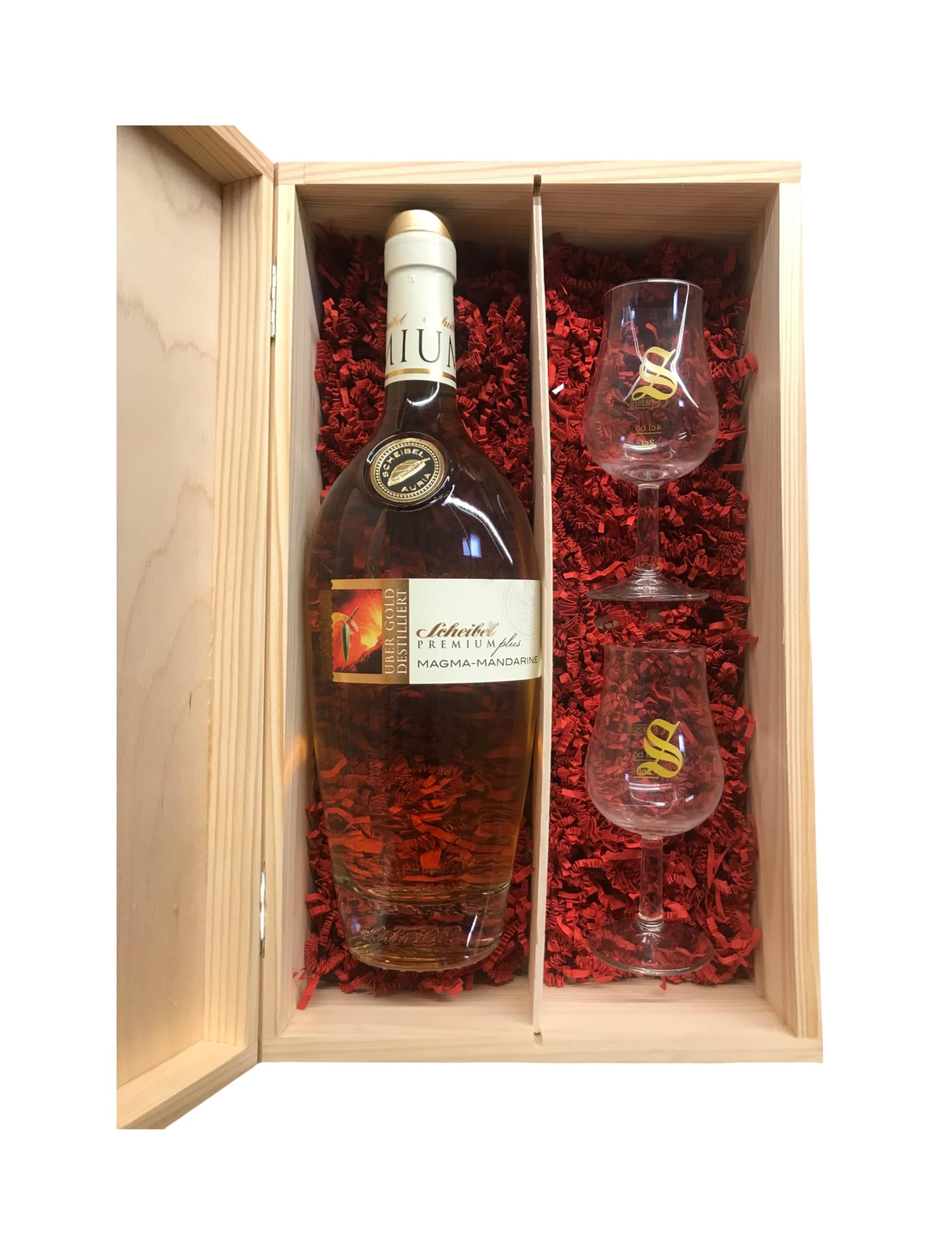 Scheibel PREMIUMplus Magma-Mandarine | 700 ml | 40% Vol. | Mit 2 Tasting-Gläsern | Fein-fruchtiger Genussmoment (Holzbox, Signatory-Tastingglas)