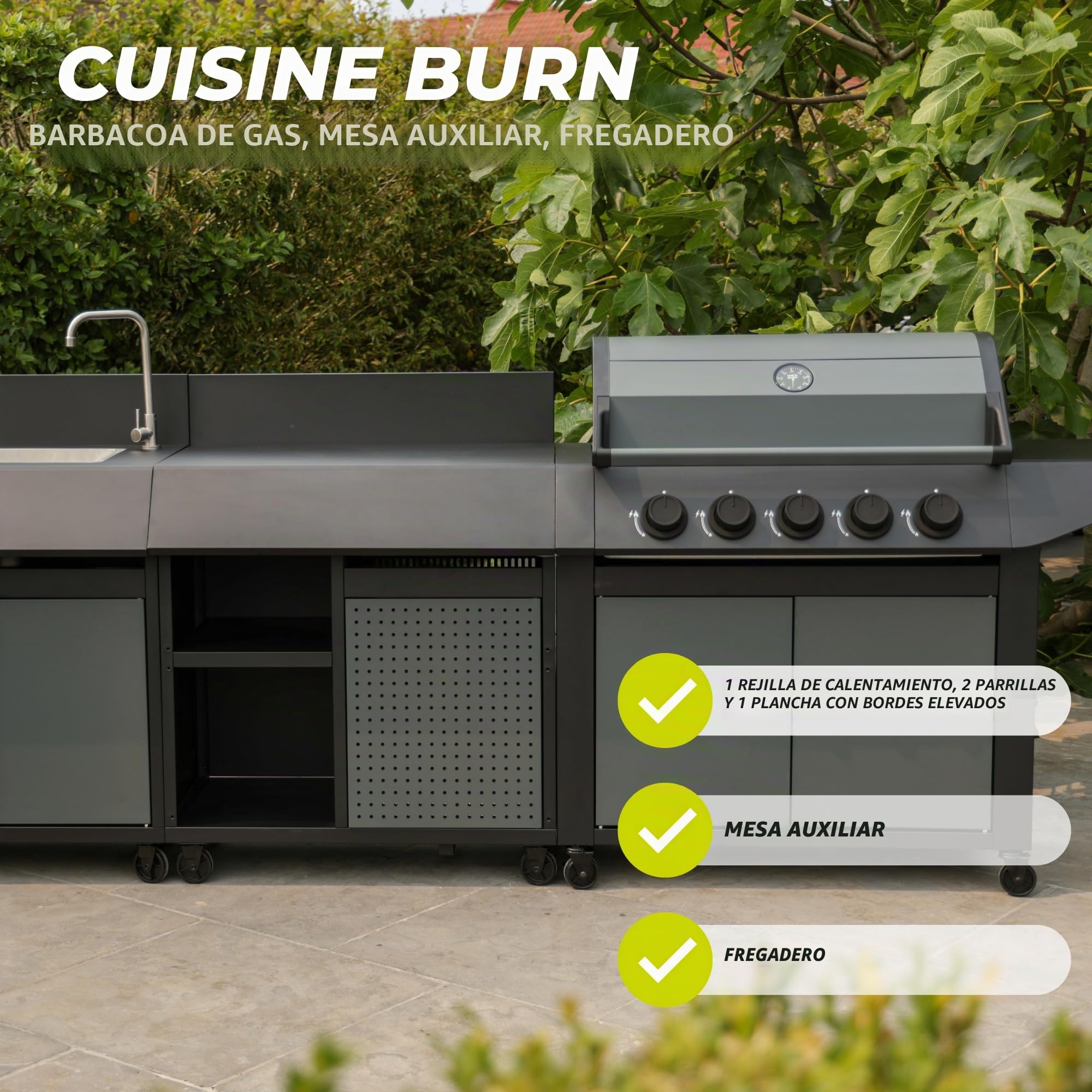 Cook'in Garden - Cocina de Gas para Exterior BURN, Barbacoa con Postre y Fregadero Integrados, 5 Quemadores, Espacio Adicional, Grifo con Salida de Agua, Función de Plancha y Barbacoa