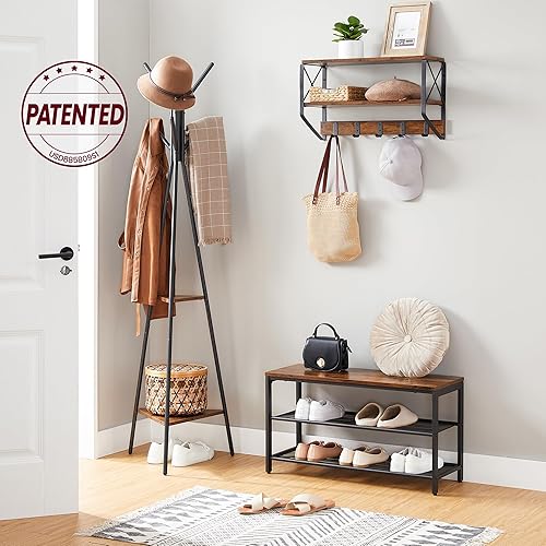 Miniatura 9 de VASAGLE Perchero Independiente, Perchero Perchero, Hall Tree con 2 Estantes, para Ropa, Sombrero, Bolsa, Estilo Industrial, Marrón Avellana y Negro