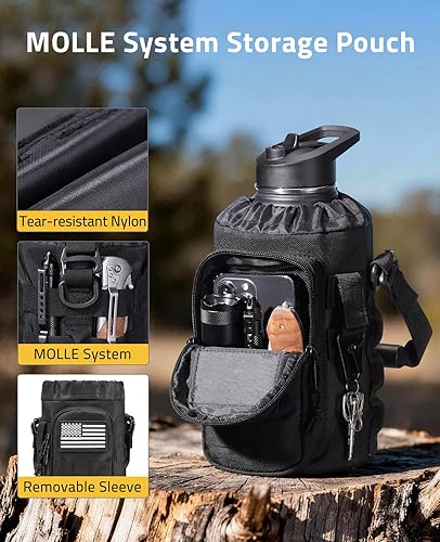 Miniatura 6 de CVLIFE Botella de agua de medio galón con pajilla, jarra de agua aislada de acero inoxidable de 64 onzas con funda extraíble para gimnasio, deportes