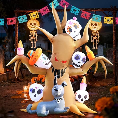 DomKom Árbol inflable de Halloween, Día de los Muertos, árbol espeluznante del Día de los Muertos de 8 pies con calavera de Catrina y perro sin