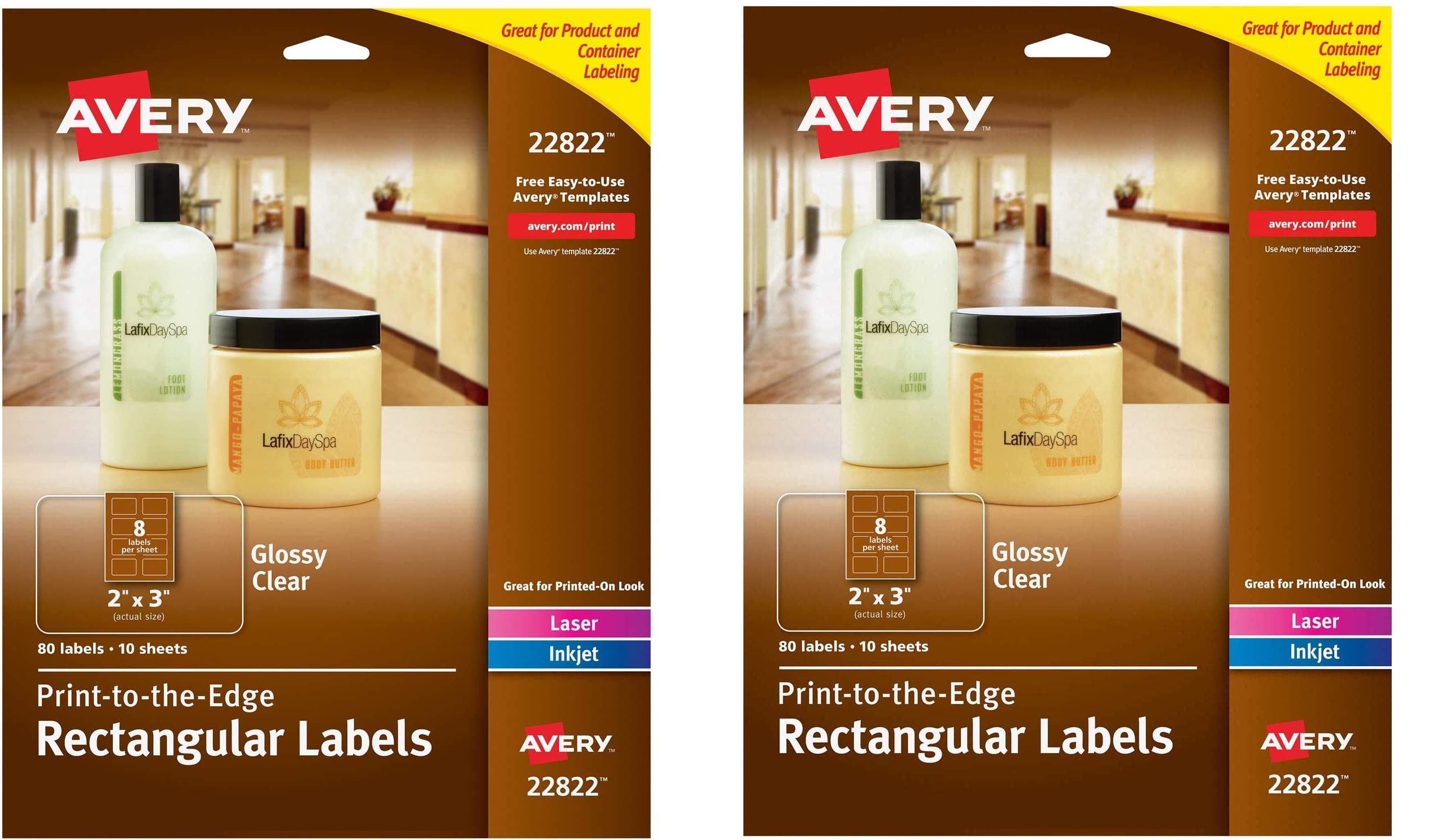 Avery 22822 Rectangle Labels with Sure Feed, Laser & Inkjet Printers, 2" x 3", 80 Glossy Crystal Clear Labels (Pack of 2)
