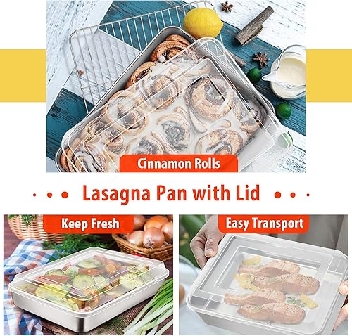 Miniatura 6 de TeamFar Molde para lasaña (3 sartenes y 3 tapas), 12 & 10 pulgadas y 9 pulgadas de diámetro, molde rectangular de acero inoxidable para hornear