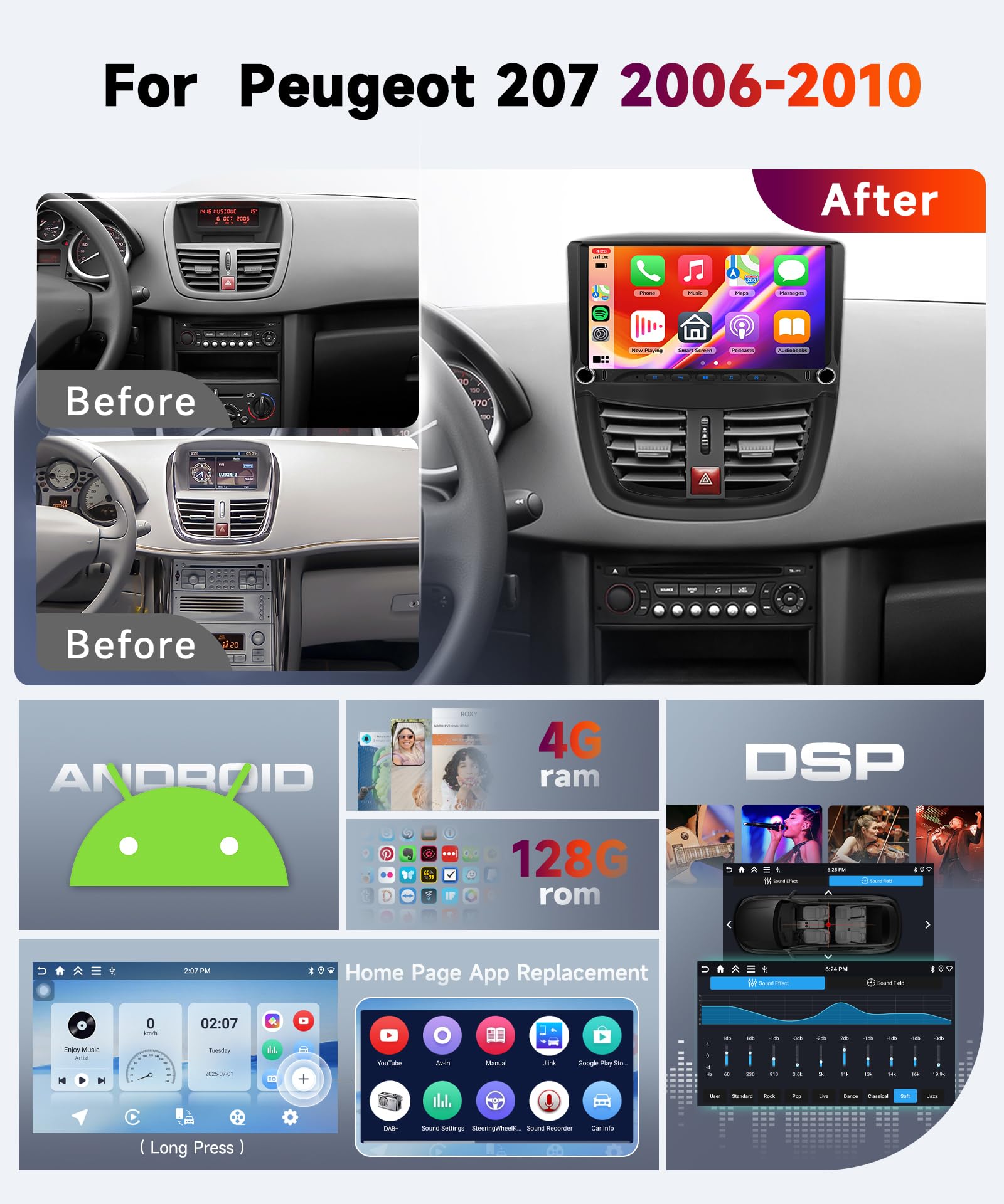 【4+128G】 Carplay Ecran pour Peugeot 207 2006-2010 avec USB Type-C, Autoradio 9 Pouce in-Cell Touchsreen avec Android Auto/EQ/WiFi/GPS/RDS/FM/Bluetooth 5.0/SWC,Caméra de Recul