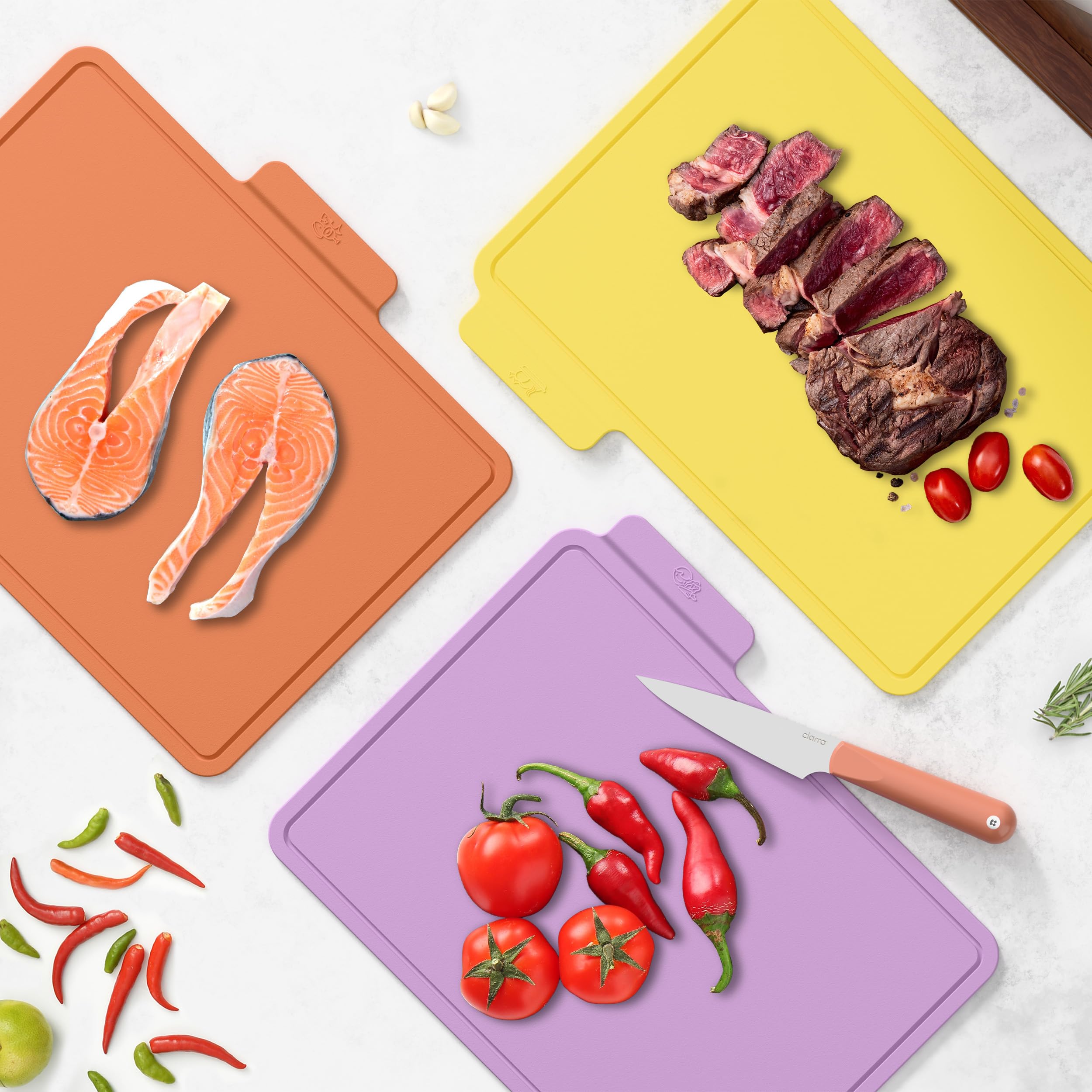 Ciarra Set di 3 Taglieri Cucina in Plastica Flessibili in TPU con Scanalatura, Antibatterici, Senza BPA, Superficie Antiscivolo, Lavabili in Lavastoviglie