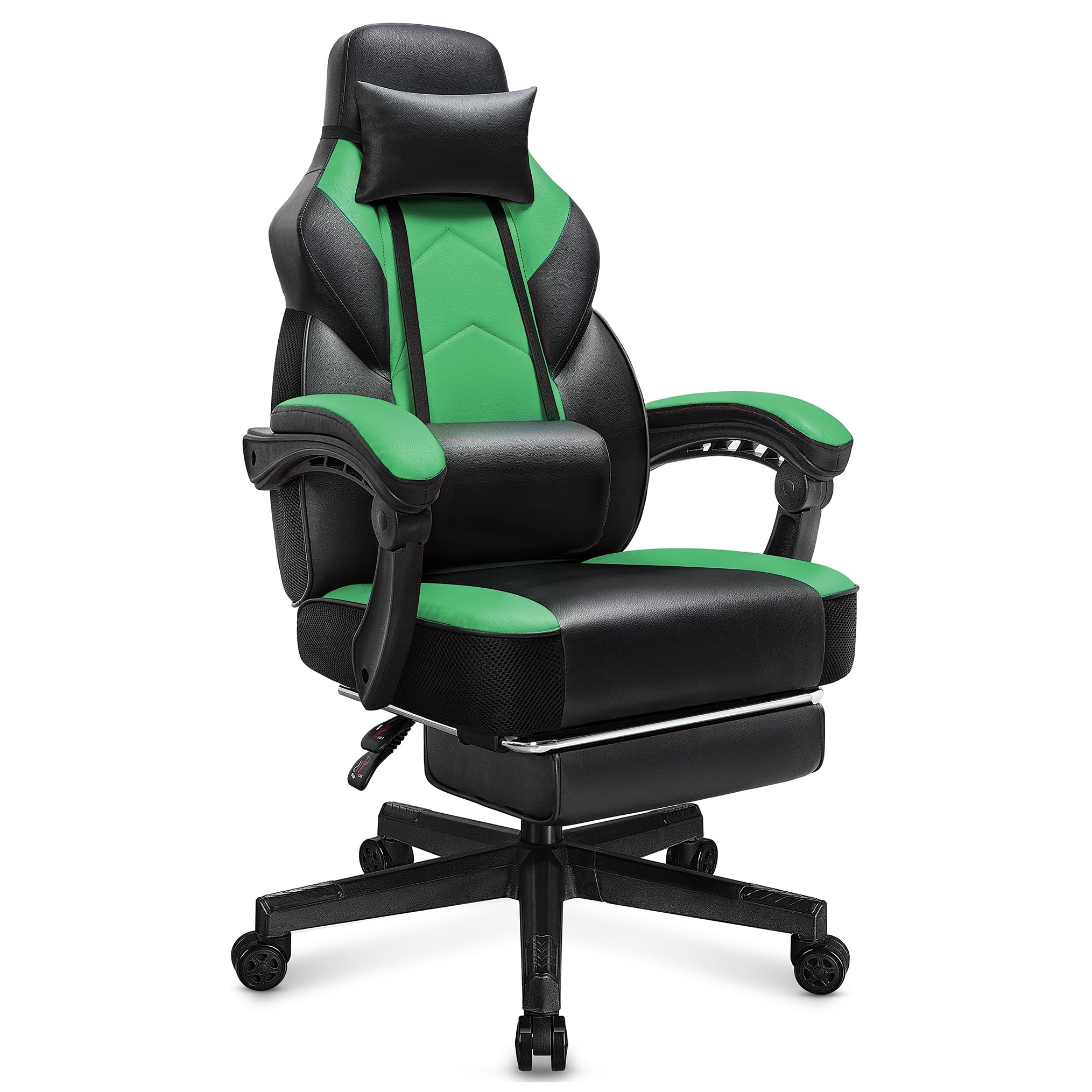 Green Gaming Chair with Footrest, Video Game Chair for Adults Ergonomic Big and Tall Computer Chair with Massage Lumbar Support 400lb Weight Capacity, Height Adjustable and 360° Swivel Seat (Green)