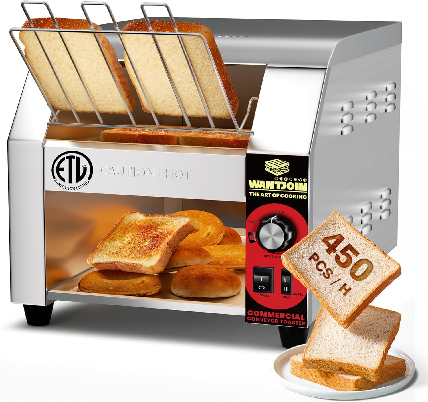 WantJoin Commercial Conveyor Toaster ETL Listed - 450 Slices/Hour 1800W Electric Heavy Duty Stainless Steel Industrial Belt Toasters Oven Tostadora Bun Bagel Bread for Restaurant Buffet Catering