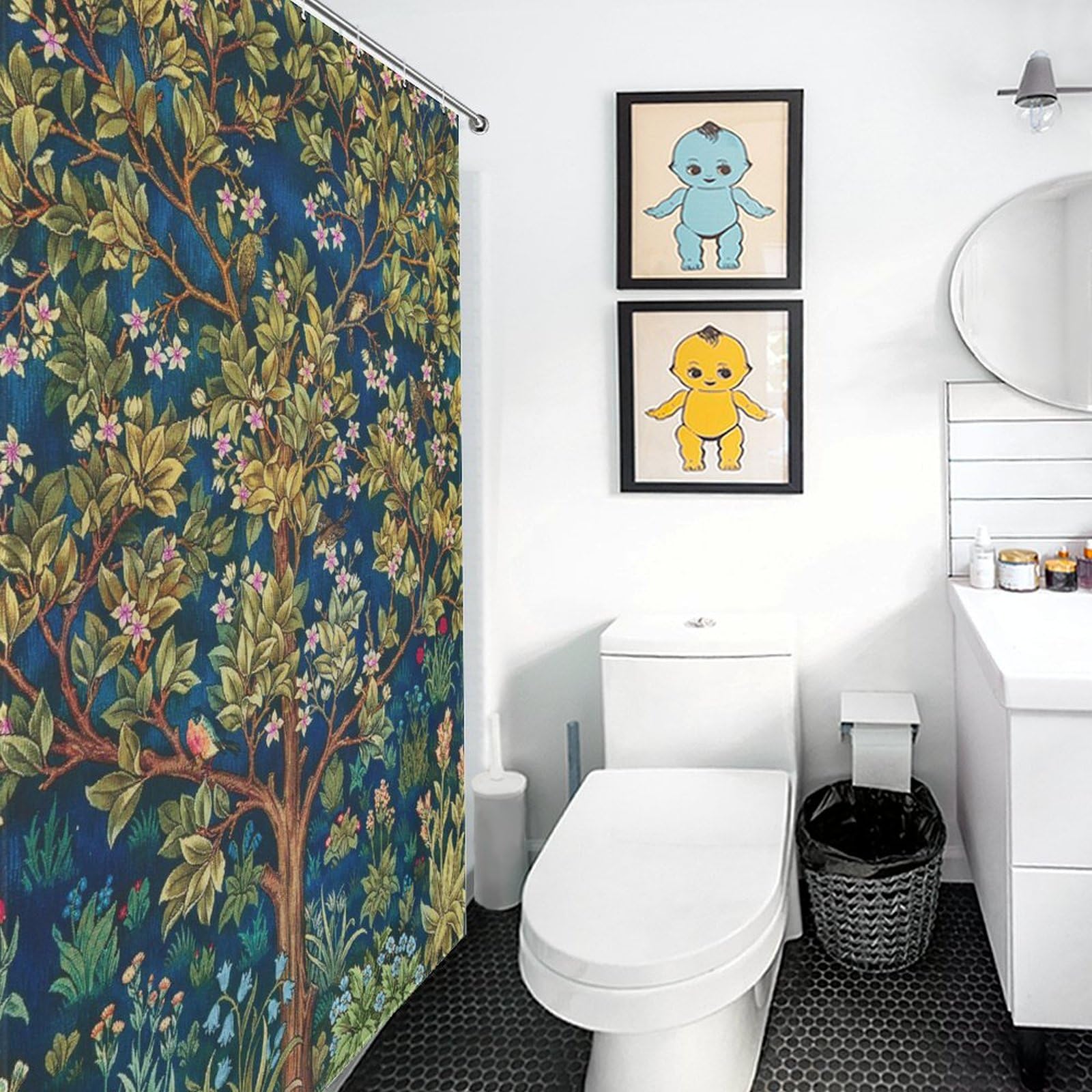 William Morris Strawberry Bird Shower Curtain – Floral Pattern Fabric Bathroom Set, 66x72 Inches, Includes Hooks