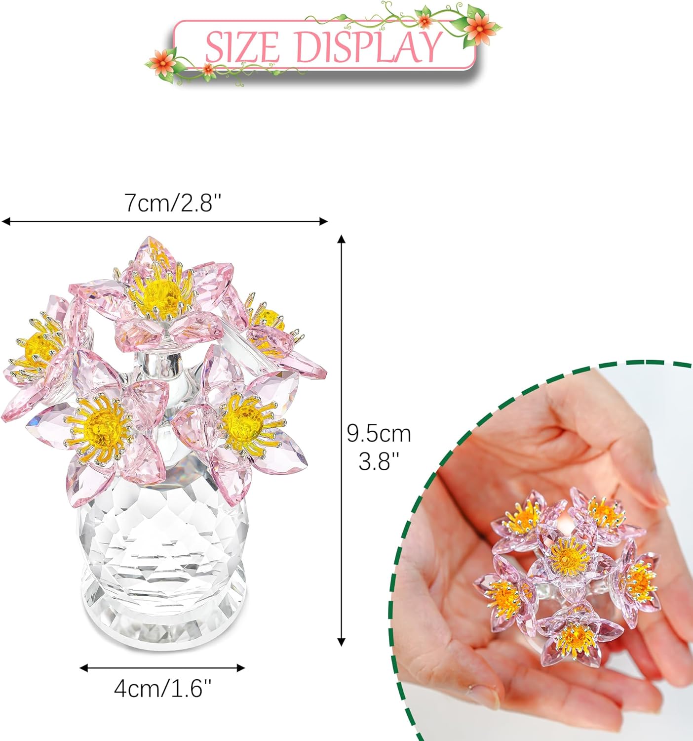 Crystal Flower Figurine with Vase 3.8in Tall Glass Flower Figurine Collections Home Decor for Wedding Centerpiece Gift for Women(Pink) - Image 4