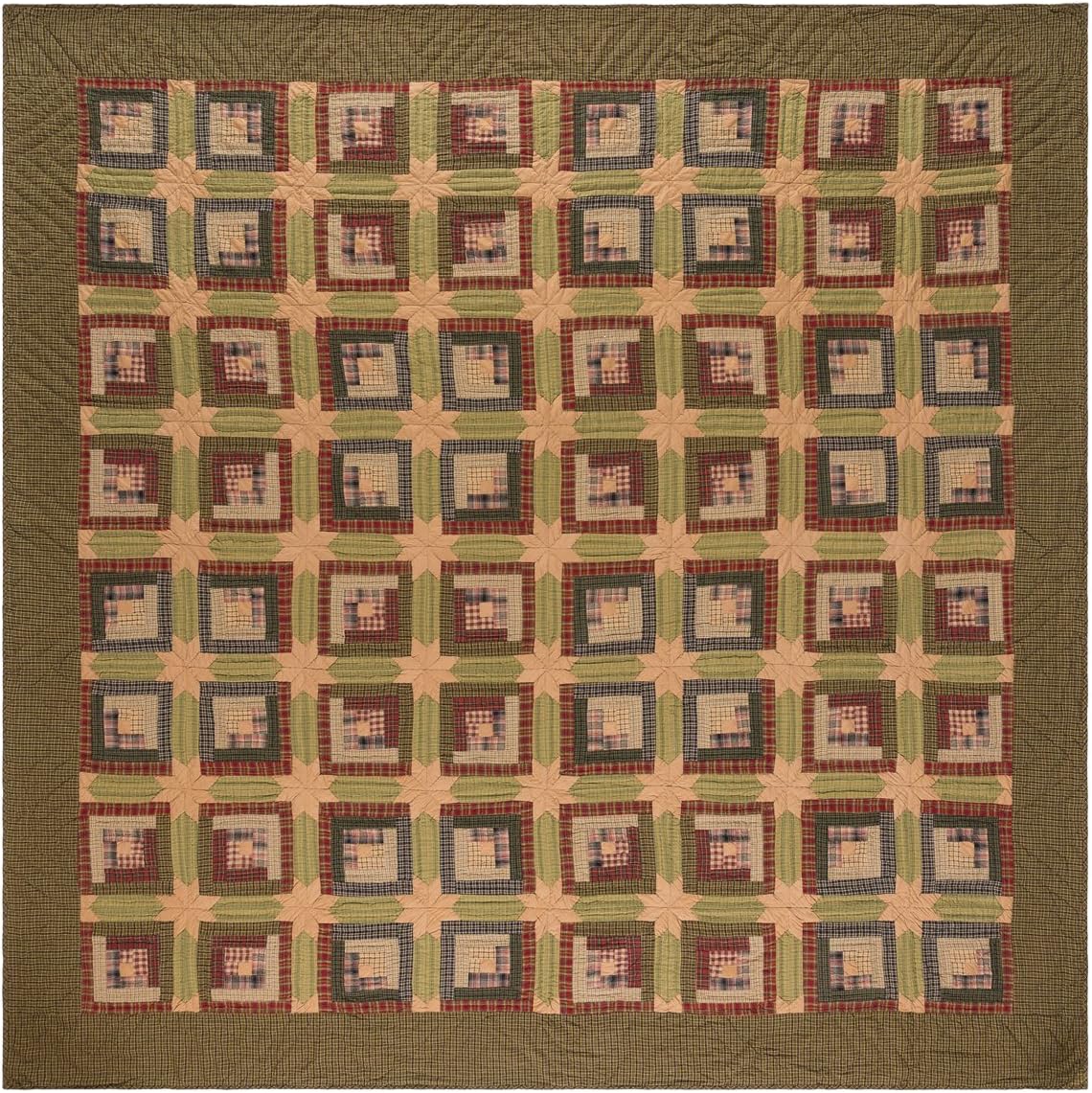 VHC Brands Tea Cabin Queen Quilt 94Wx94L Log Cabin Country Rustic Lodge Design, Moss Green and Deep Red