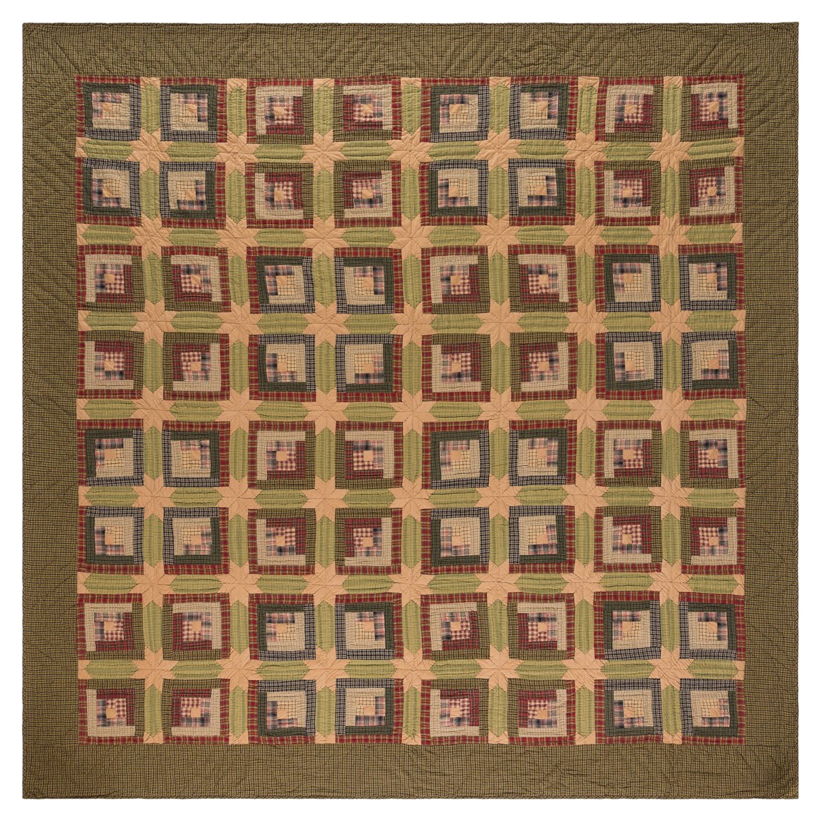 VHC Brands Tea Cabin Queen Quilt 94Wx94L Log Cabin Country Rustic Lodge Design, Moss Green and Deep Red