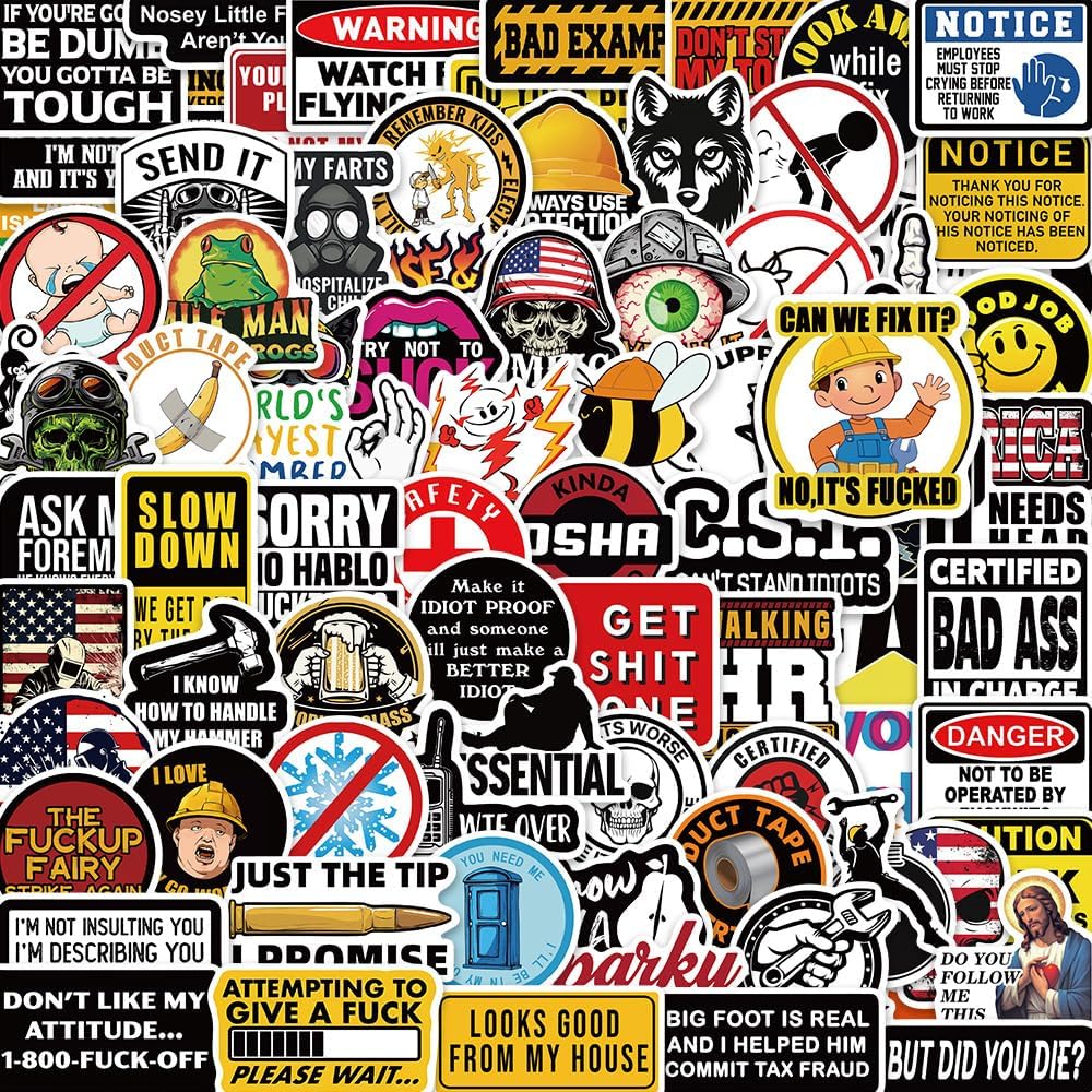 100pcs Funny Hard Hat Stickers (Dirty) for Adult Tool Box, Helmet, Prank Meme Vinyl and Waterproof Decals for Mechanics, Electricians, Union, Oilfield, Military, Construction, Welders