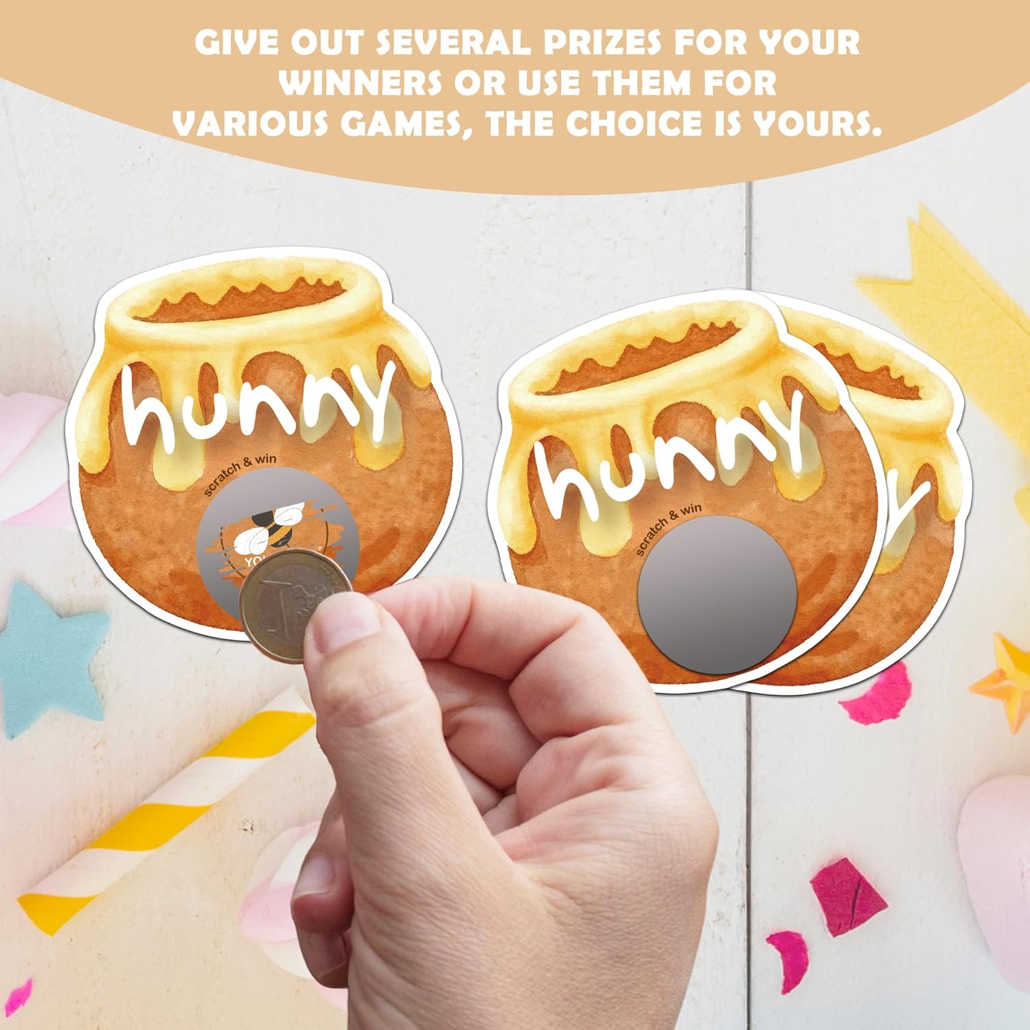 Baby Shower Scratch Off Game-36PCS Scratch & Win Card for Guest-Tabletop Game for Gender Reveal Party-Baby Shower Supplies and Decorations-You're So Lucky-(Honey Pot Shaped Cards-10)