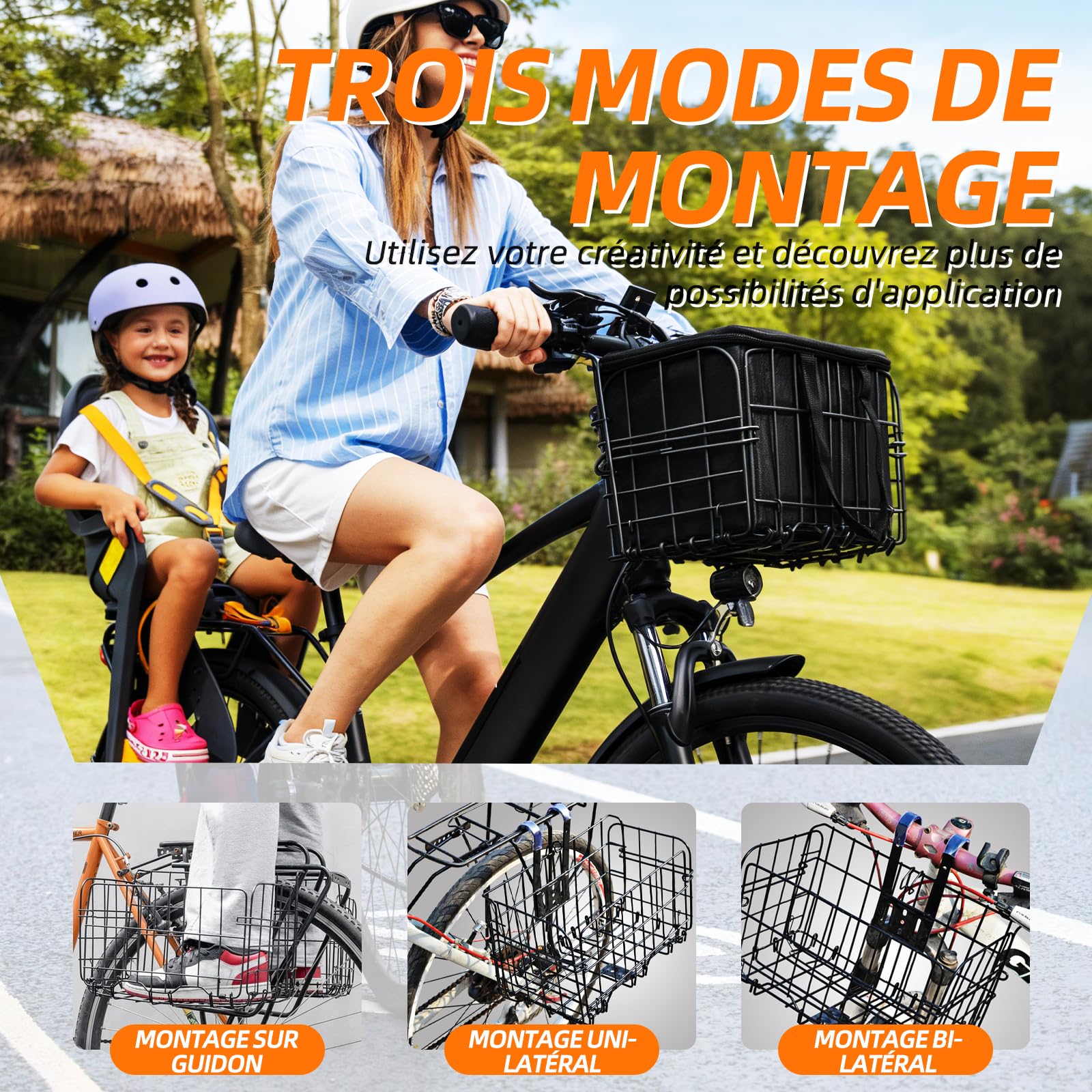 Panier de vélo unisexe pour vélo avant, amovible, grande capacité, convient pour les vélos électriques, les VTT, les vélos de ville et les vélos de loisirs. (panier avant pliable)