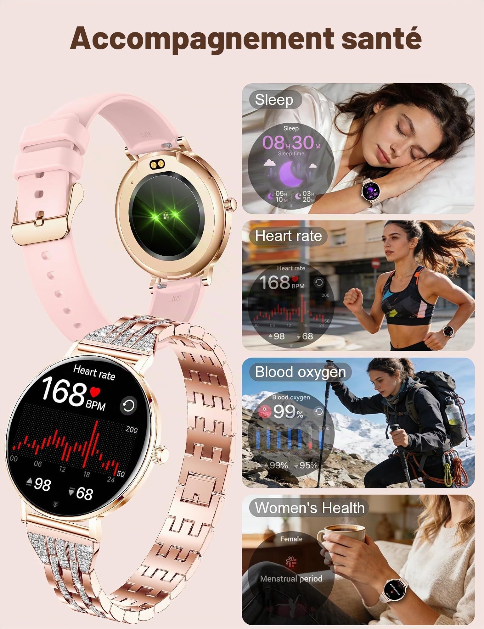 Montre Connectée Femme Ultra-fines (8mm),Écran AMOLED 1,32",Batterie 7 Jours,Suivi Santé et Sommeil,Appel BLE5.3,Assistant Vocal,Fonction Féminine,IP68 Étanche Smartwatch pour Android iOS,Or Rose