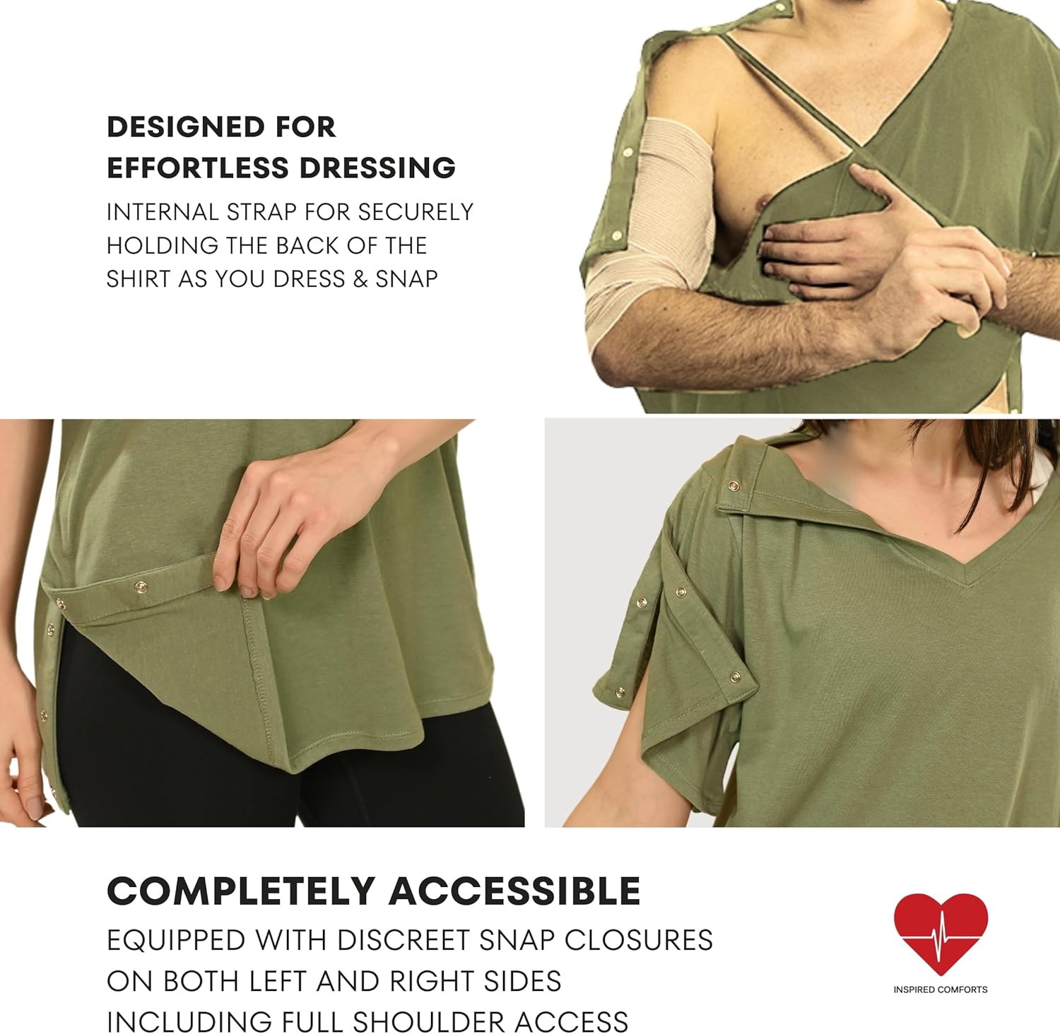 Inspired Comforts Unisex Post Surgery & Rehab V Neck Dual Access Snap Shirt - Image 2