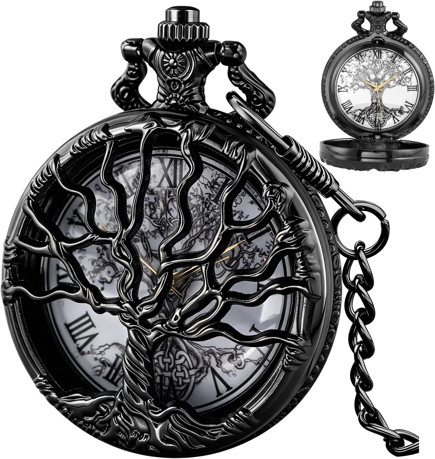 Pocket Watch Hollow Tree of Life Design Roman Numerals Customizable Quartz Pocket Watch with Chain Birthday Gifts