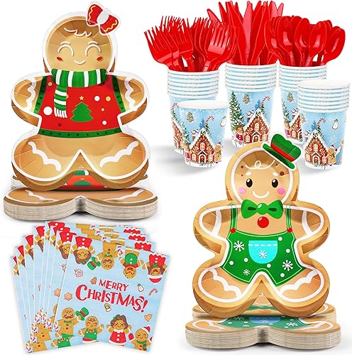 Miniatura 1 de durony Juego de vajilla de 168 piezas de pan de jengibre para fiesta de Navidad, incluye platos de papel, servilletas, vasos, cuchillos, tenedores,