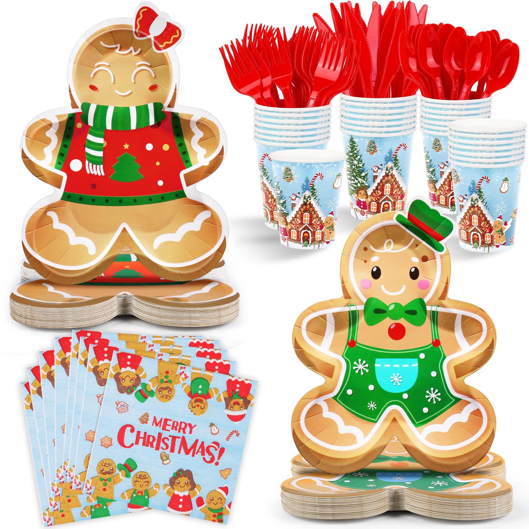durony 168 Pieces Gingerbread Christmas Party Supplies Merry Christmas Tableware Set Includes Paper Plates Napkins Cups Plastic Knife Fork Spoon for Holiday Xmas Decorations, Serve 24