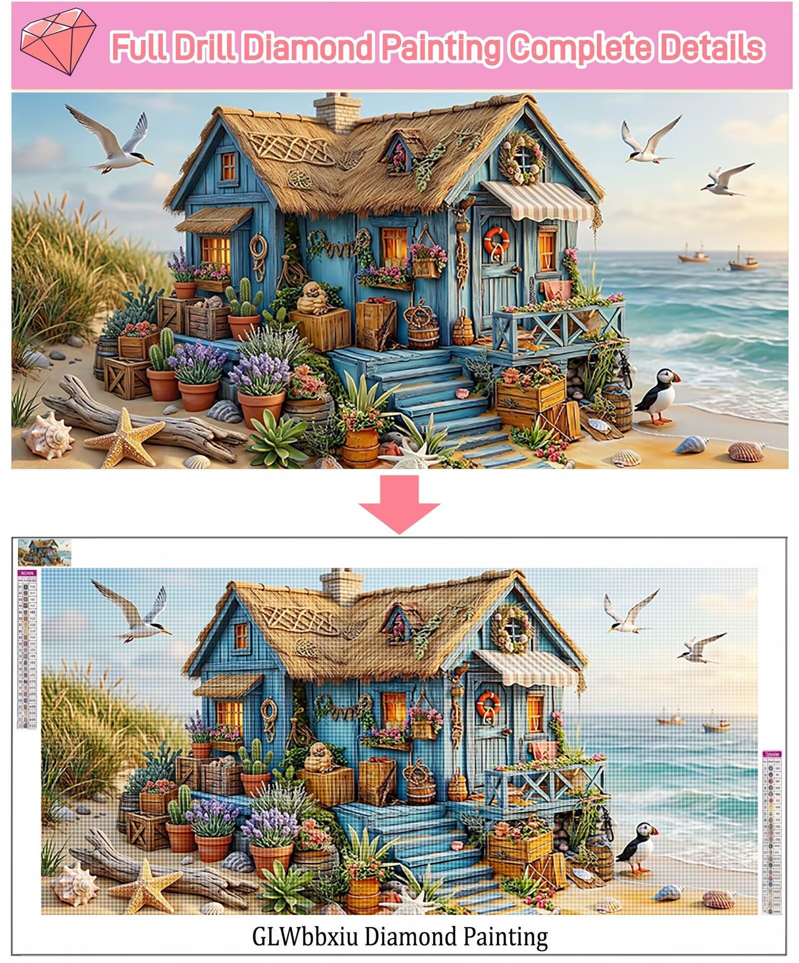Diamond Painting Möwe Diamond Painting Erwachsene XXL Kabine, 5D Full Runder Drill Diamanten Malen Nach Zahlen, DIY Set Mosaik Bastelset Kreativ Set für Erwachsene Home Decor Wanddeko 80x160cm,Cod-709