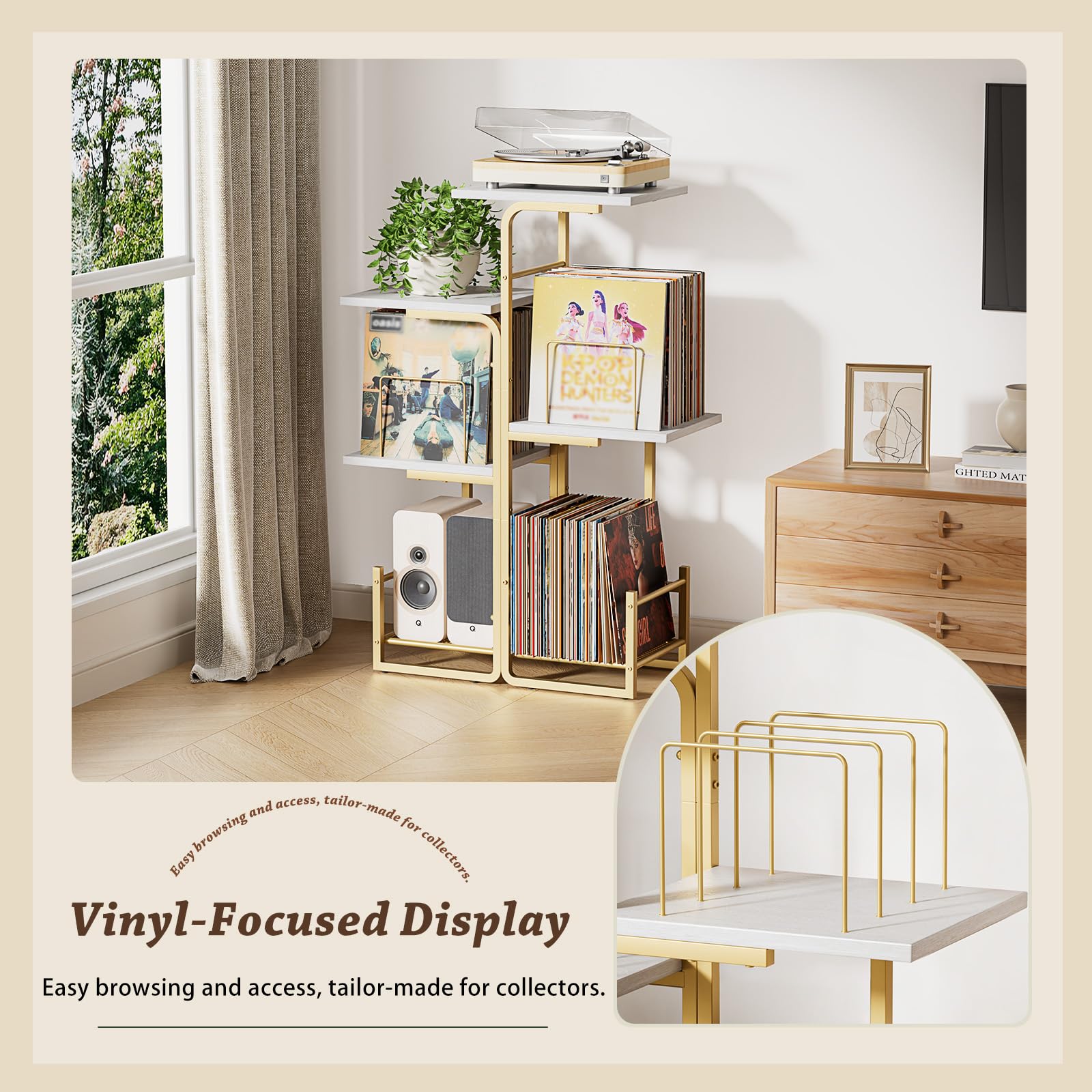 Bikoney Plattenspieler Ständer mit Vinyl-Stauraum & LP-Ablage - Gold | Vinyl-Display & Ständer mit Pflanzendesign für Wohnzimmer, Großer LP-Stauraum & Tisch Ideal für Kleine Räume