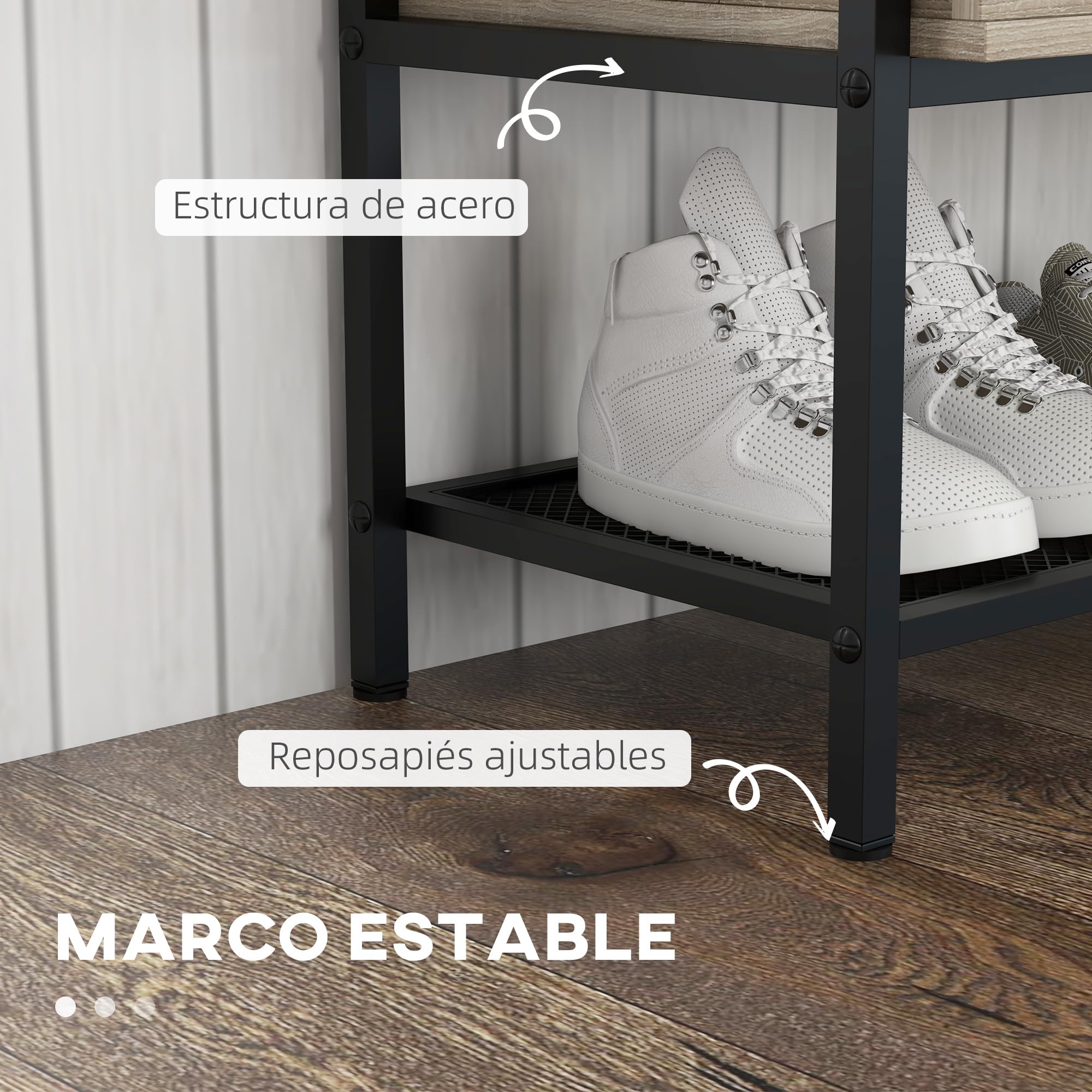 HOMCOM Banco Zapatero con Tapa Abatible para 4 Pares 84x39,5x61 cm Roble | Mueble Zapatero con Banco, Compartimento Oculto, Estante Inferior de Rejilla, para Pasillo Salón