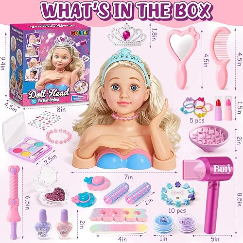 Miniatura 2 de Golray Kit de maquillaje de cabeza de muñeca para peinar, arte de uñas, juguetes para niñas, juguete de peluqueríacosméticos reales, secador de