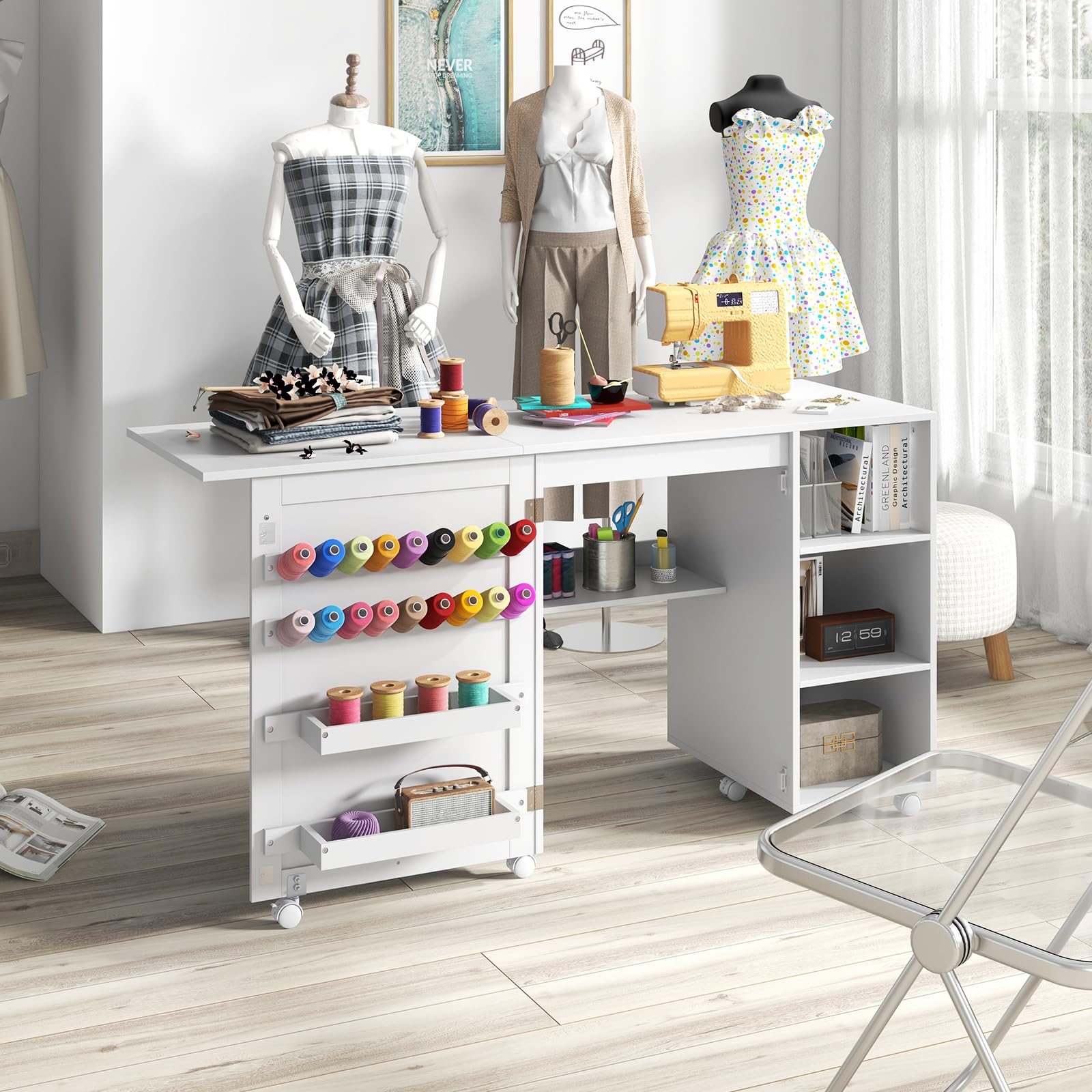 RELAX4LIFE Faltbarer Nähtisch, mehrzweck Nähmaschinenschrank mit Ablageflächen & 2 Behältern & 18 Klammern, tragbare Flexible Handwerksstation mit feststellbaren Rollen für Zuhause, Weiß