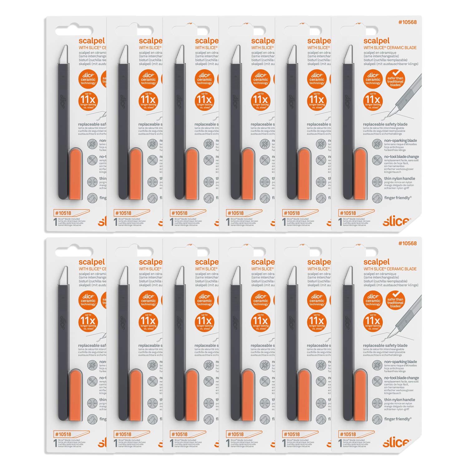 Slice 10568 Ceramic Scalpel, Thin Flat Handle, Finger Friendly Blade Never Rusts, Lasts 11x Longer Than Metal, Replaceable Blade, Safety Cap (12 Pack)