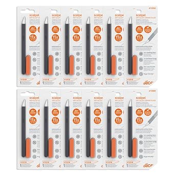 Slice 10568 Ceramic Scalpel, Thin Flat Handle, Finger Friendly Blade Never Rusts, Lasts 11x Longer Than Metal, Replaceable Blade, Safety Cap 12 Pack
